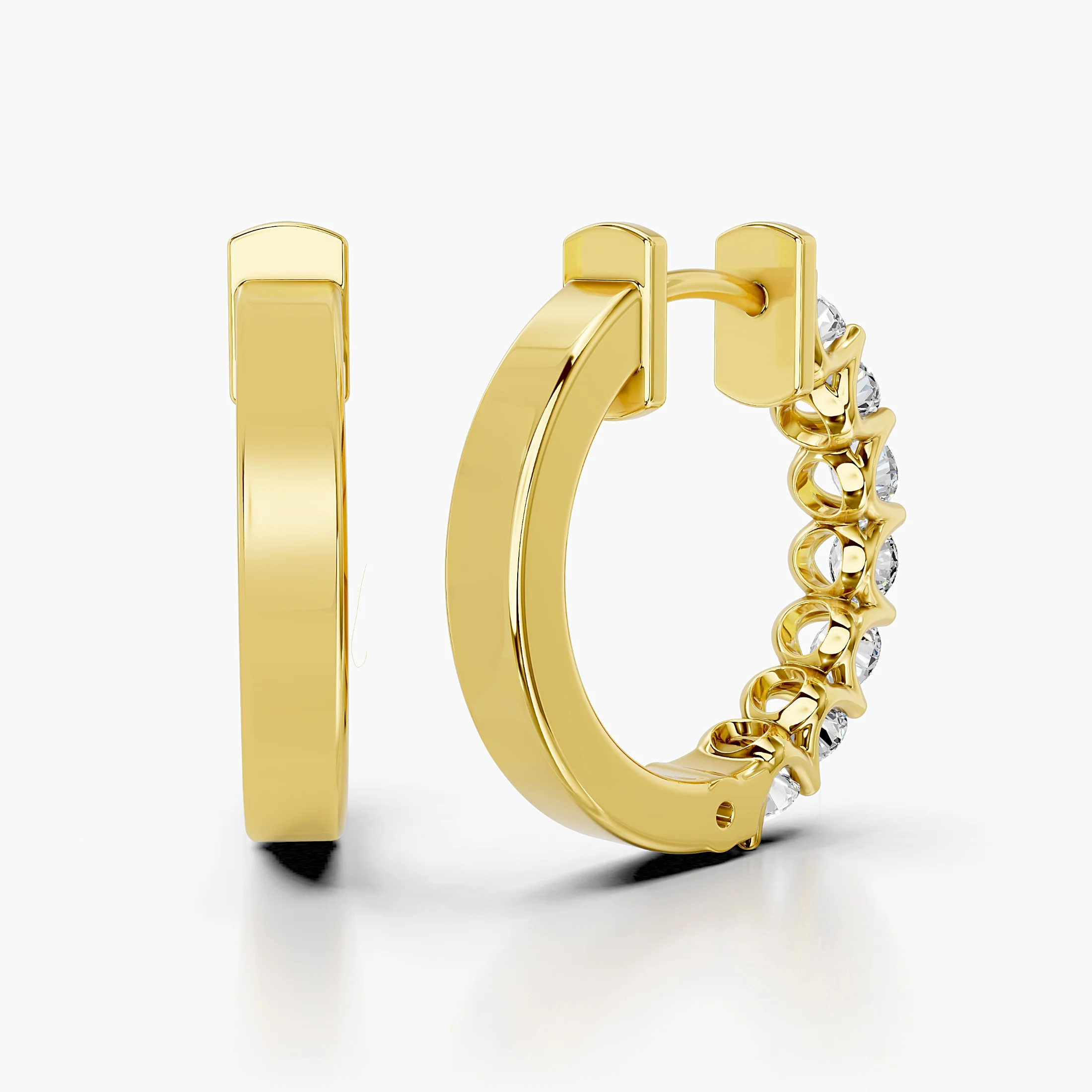 Round diamond seven-stone hoop earrings with shared-prong settings.