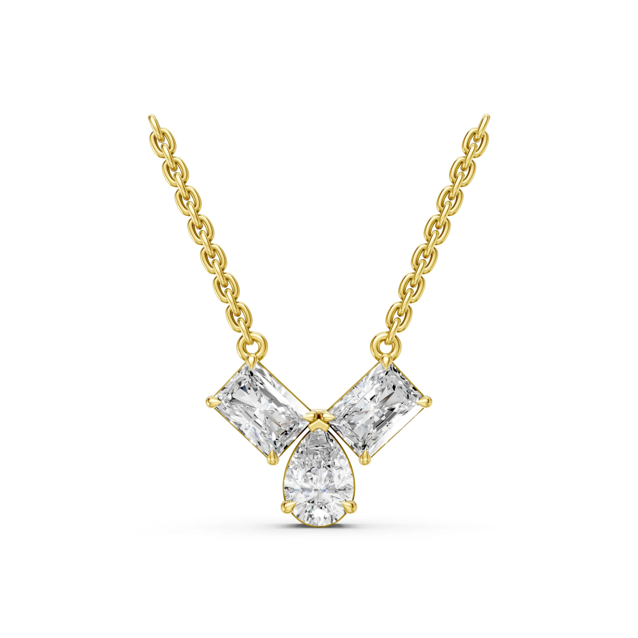 Radiant and pear-cut diamond multi-stone necklace with three diamonds arranged in a V-shaped vertical drop.