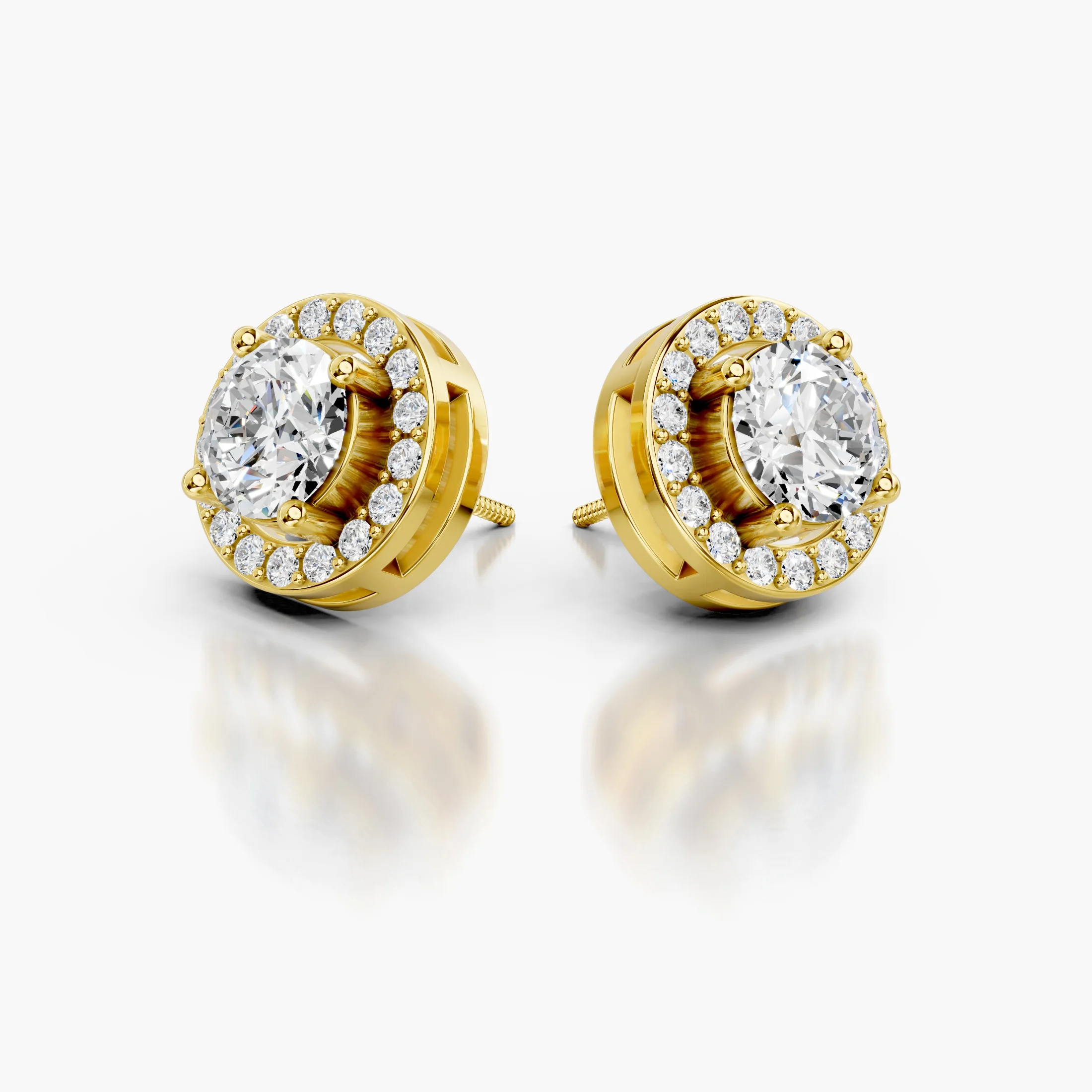 Round diamond stud earrings with circular round diamond halos and screw-back closures