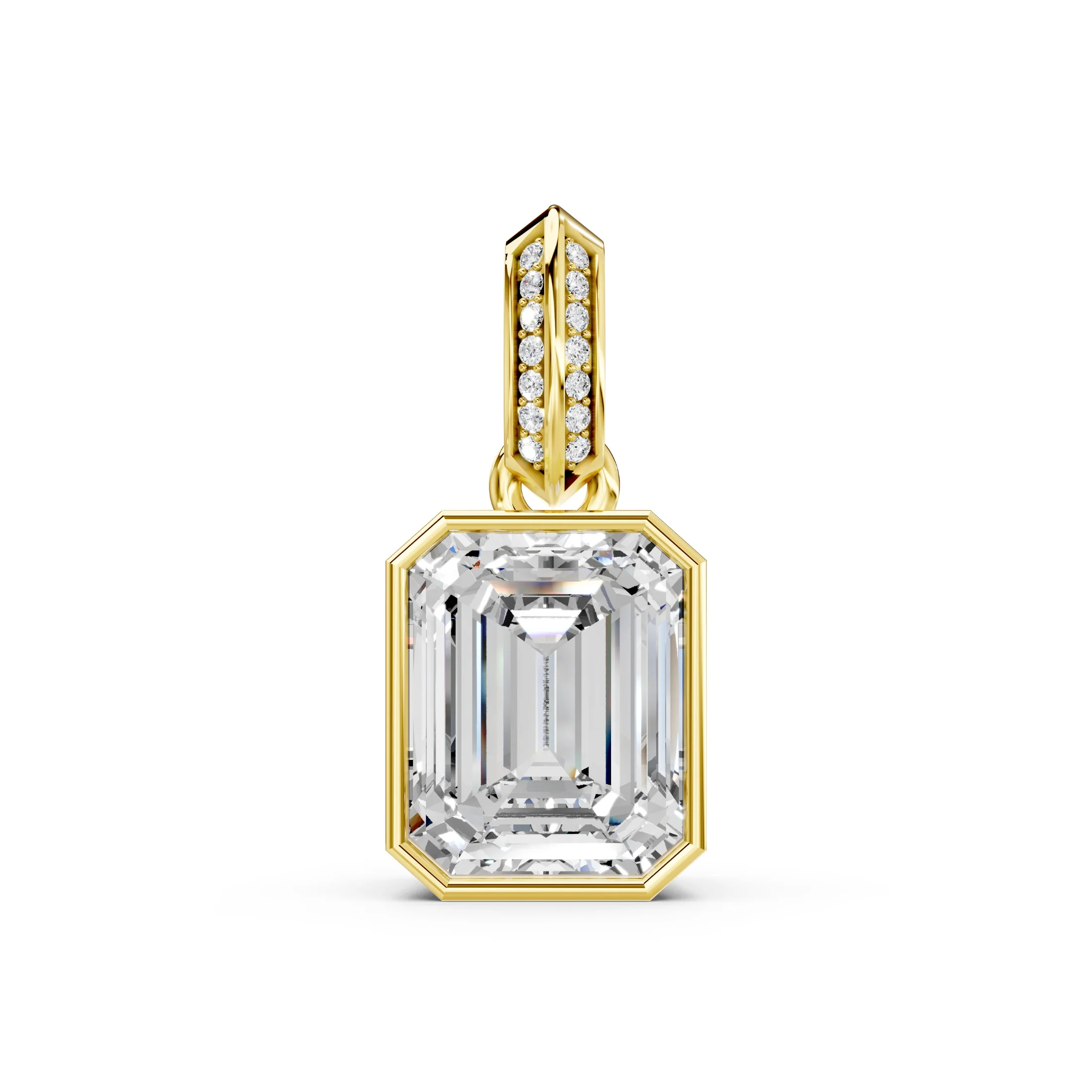 Emerald-cut diamond pendant with a geometric bezel frame and split pavé diamond bail.
