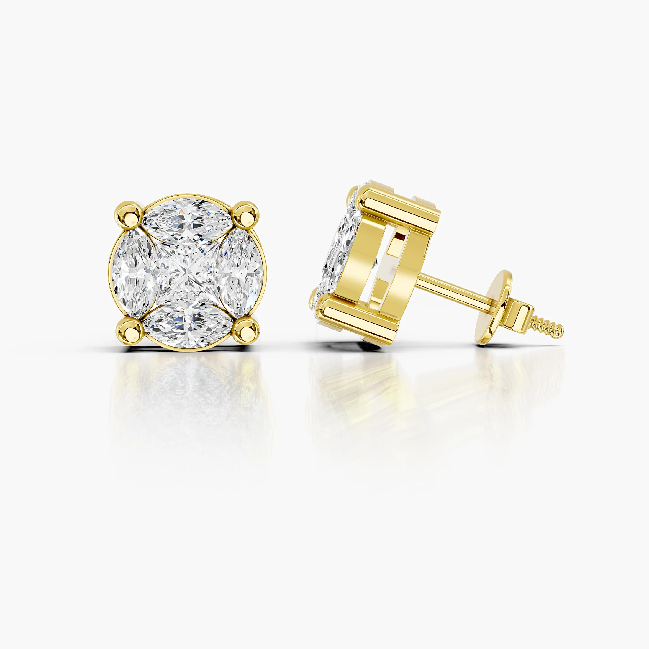 Princess and marquise diamond floral cluster stud earrings with screw-back closures