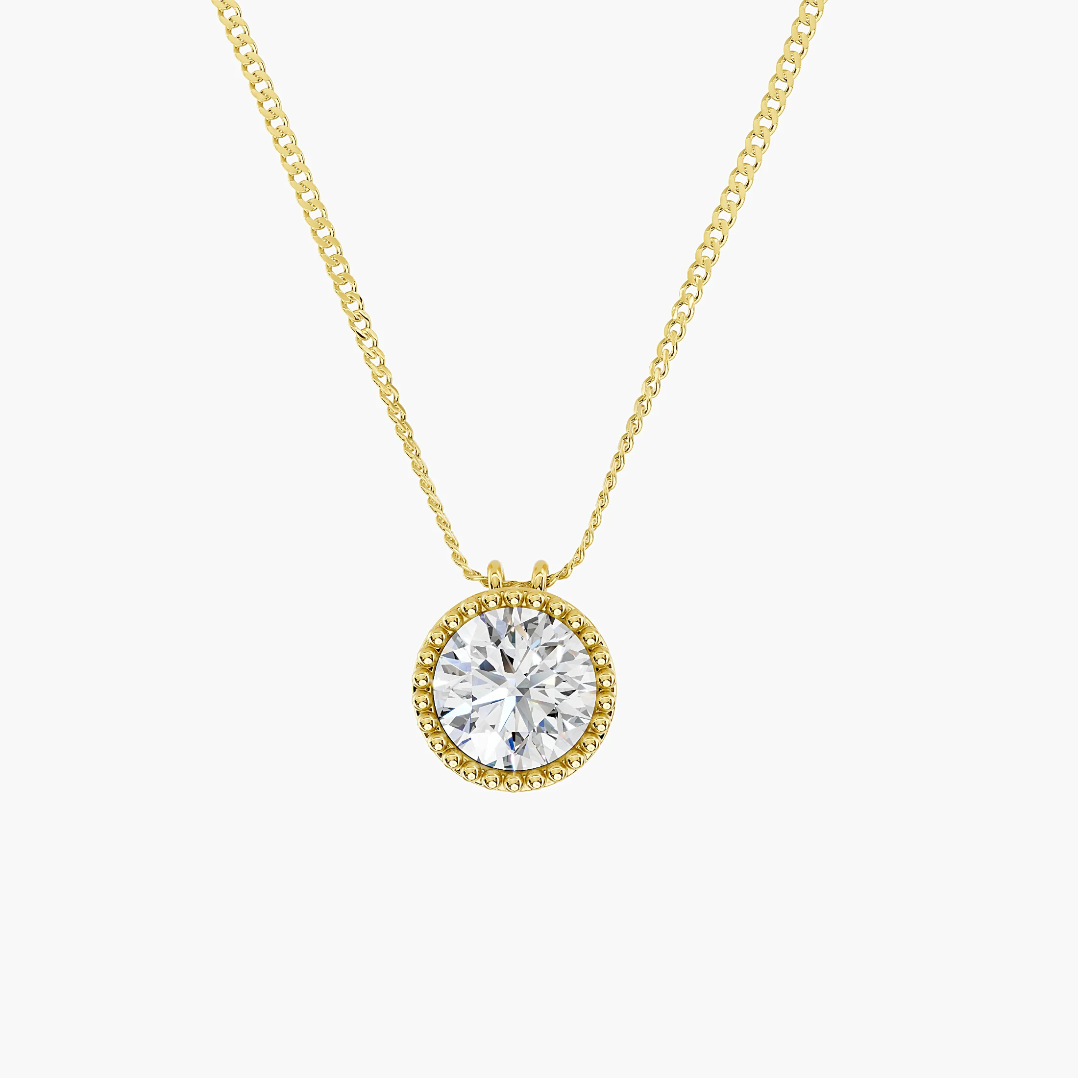 Round solitaire diamond necklace with a polished bezel, beaded milgrain border and twin chain attachments.