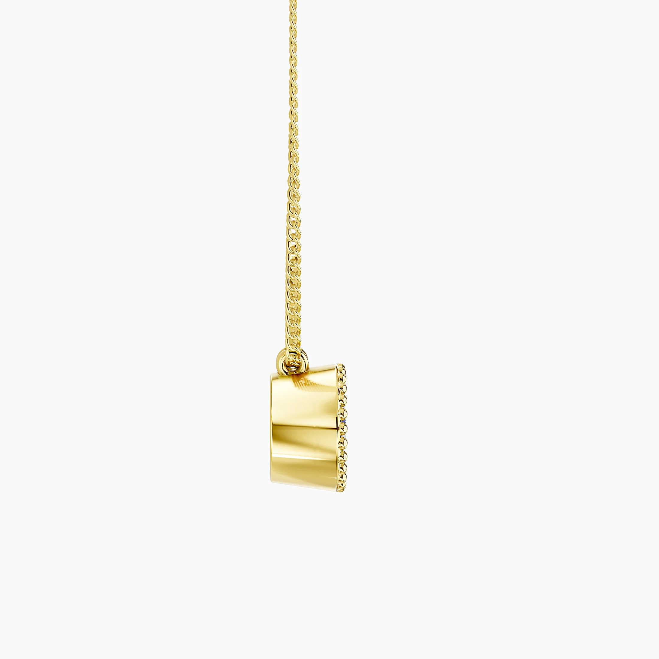 Round solitaire diamond necklace with a polished bezel, beaded milgrain border and twin chain attachments.