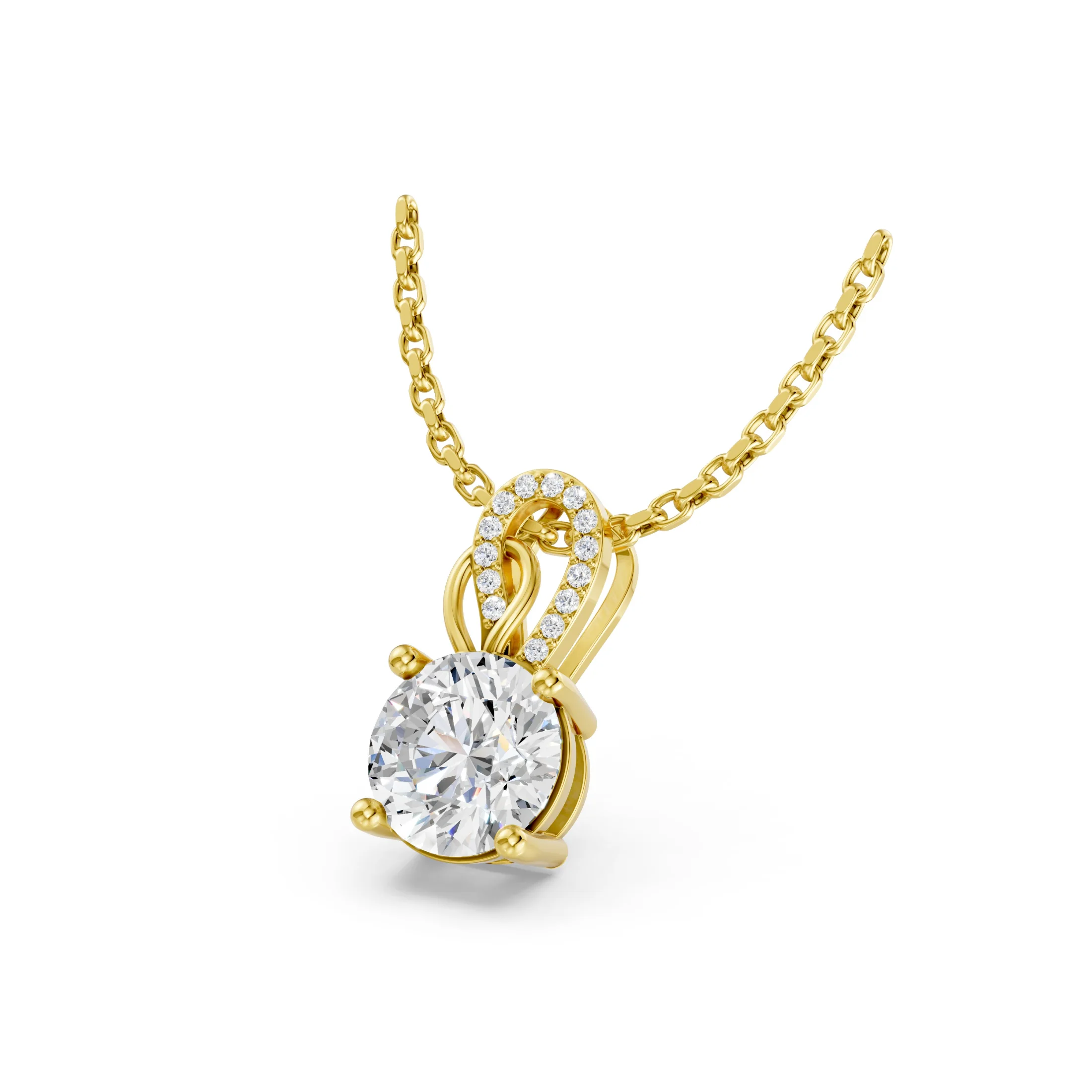 Round solitaire diamond necklace with a four-prong setting and an asymmetrical sculptural loop accented with small round diamonds.