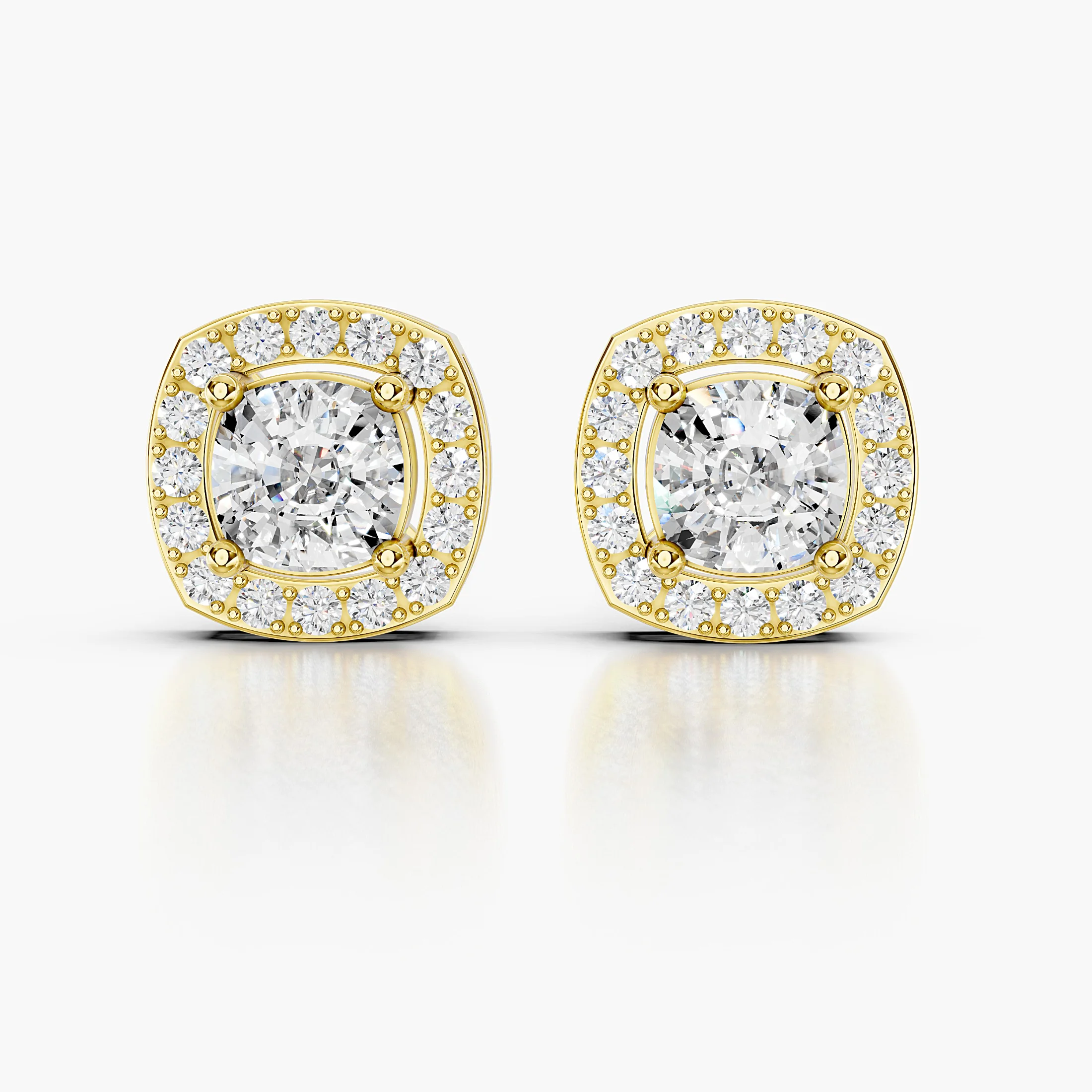 Cushion diamond stud earrings with rounded-square round diamond halos and screw-back closures