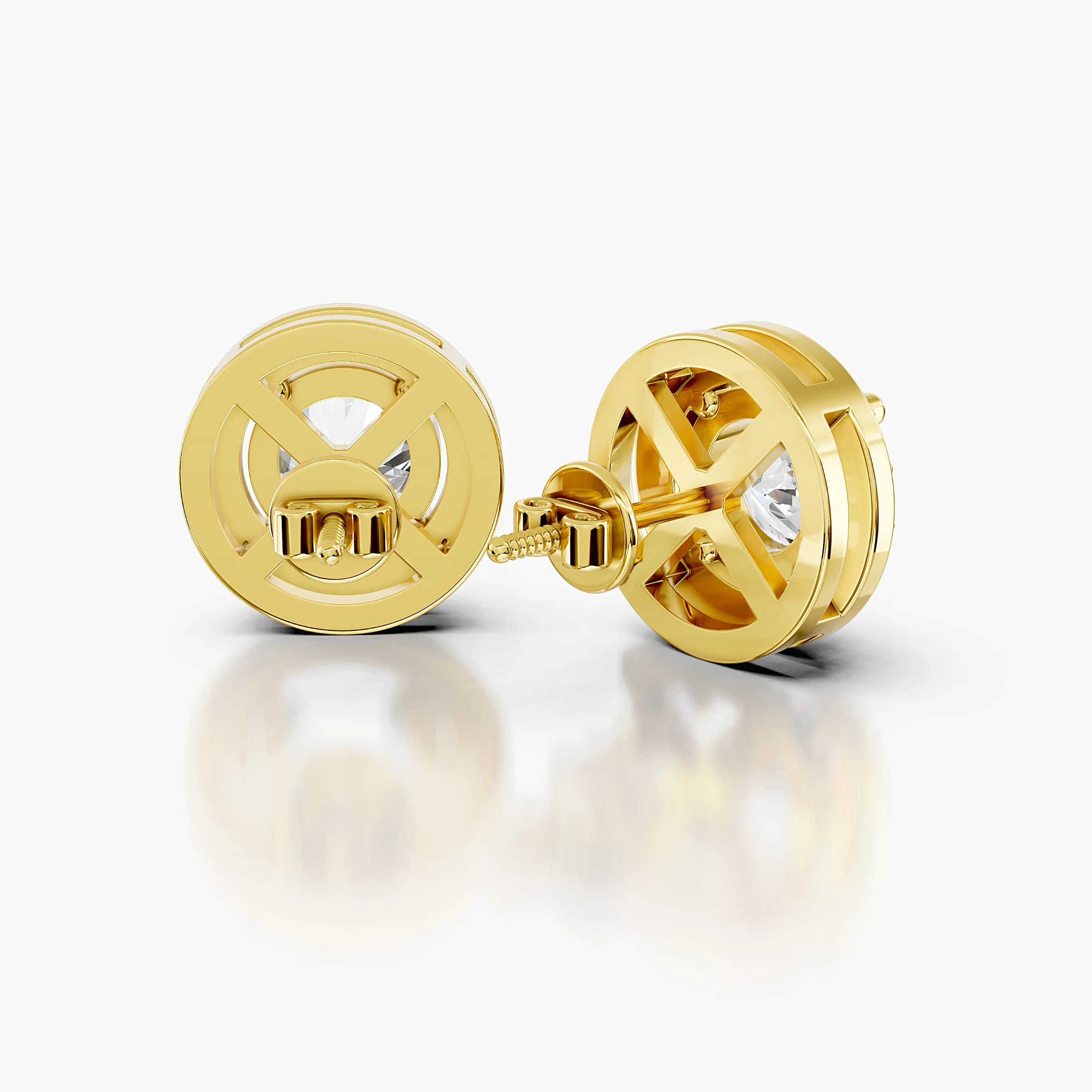 Round diamond stud earrings with circular round diamond halos and screw-back closures