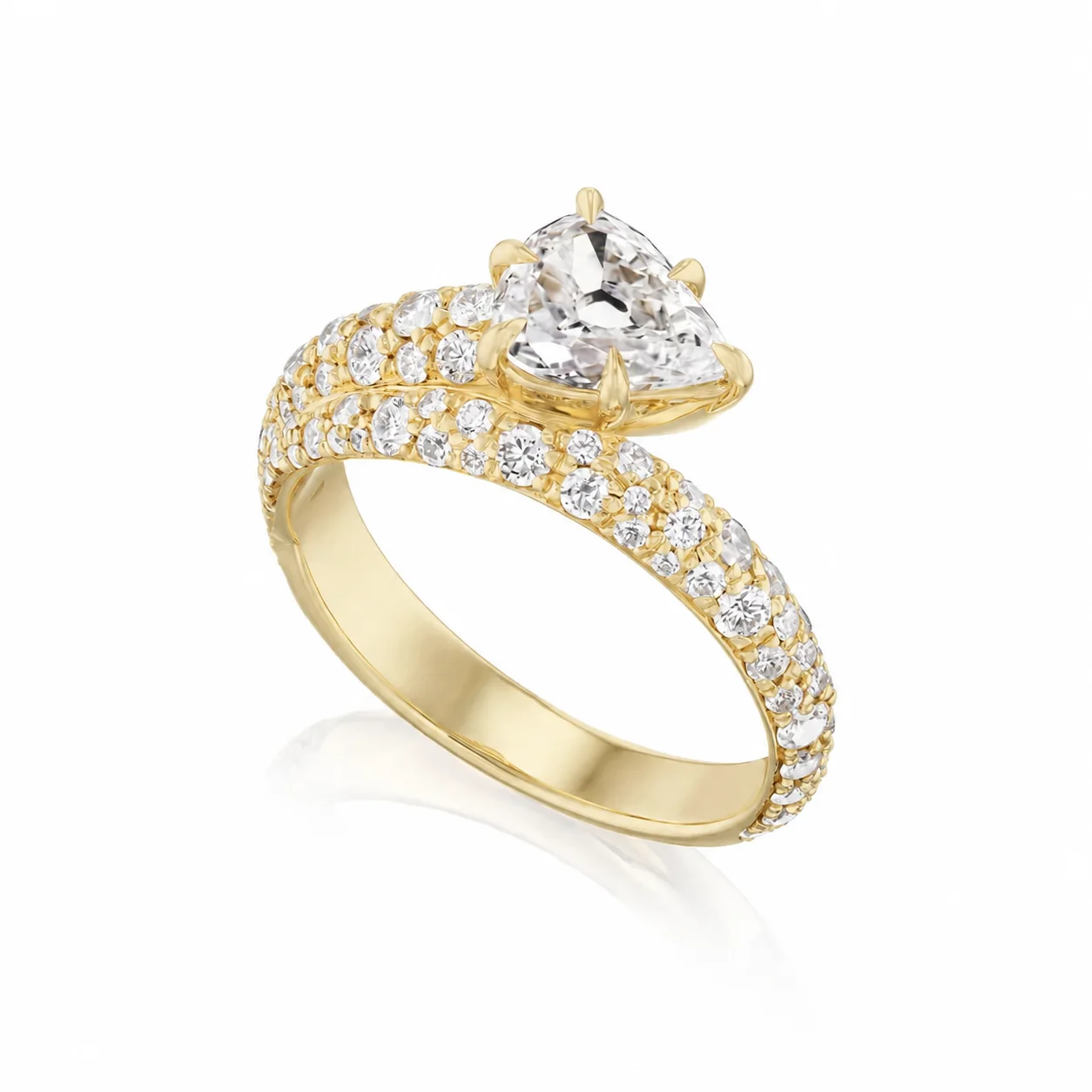 Pear-shaped diamond engagement ring with a multi-row pavé bypass band