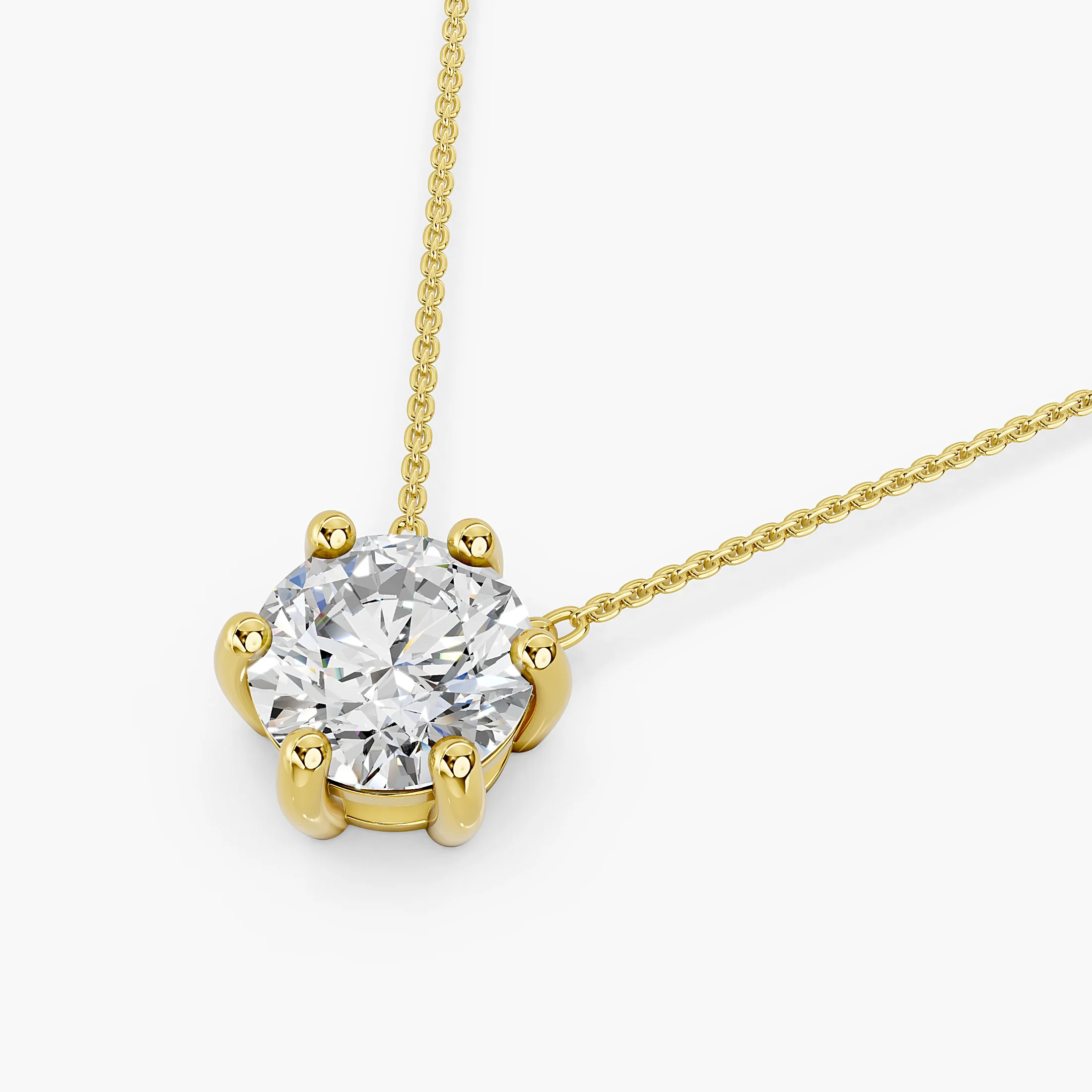 Round solitaire diamond necklace with a six-prong setting connected directly to a delicate chain.