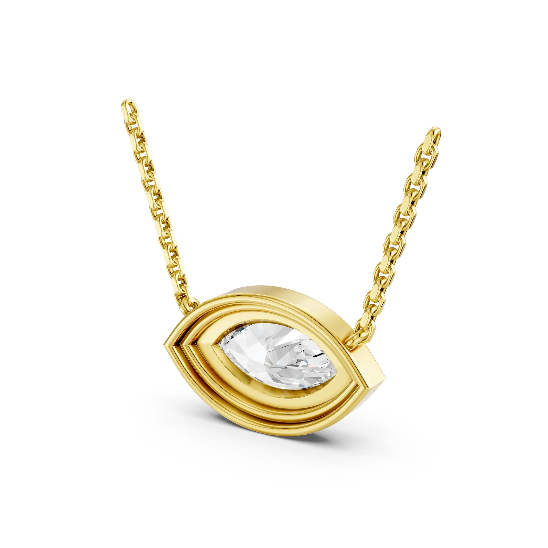 East-west marquise solitaire diamond necklace with a full bezel setting, layered frame and direct chain connections.