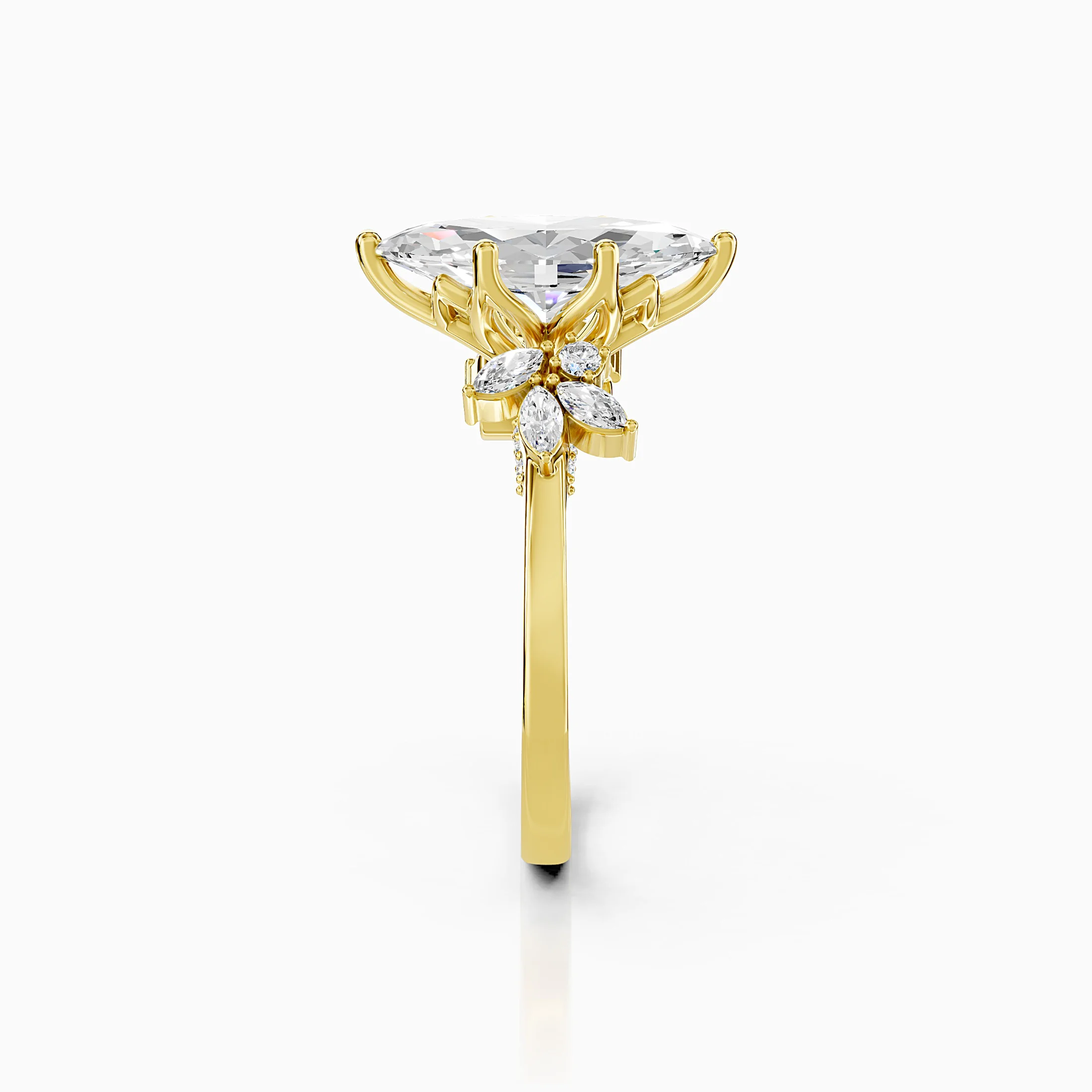 Marquise-cut diamond engagement ring with a six-prong centre and floral clusters of marquise and round side stones.
