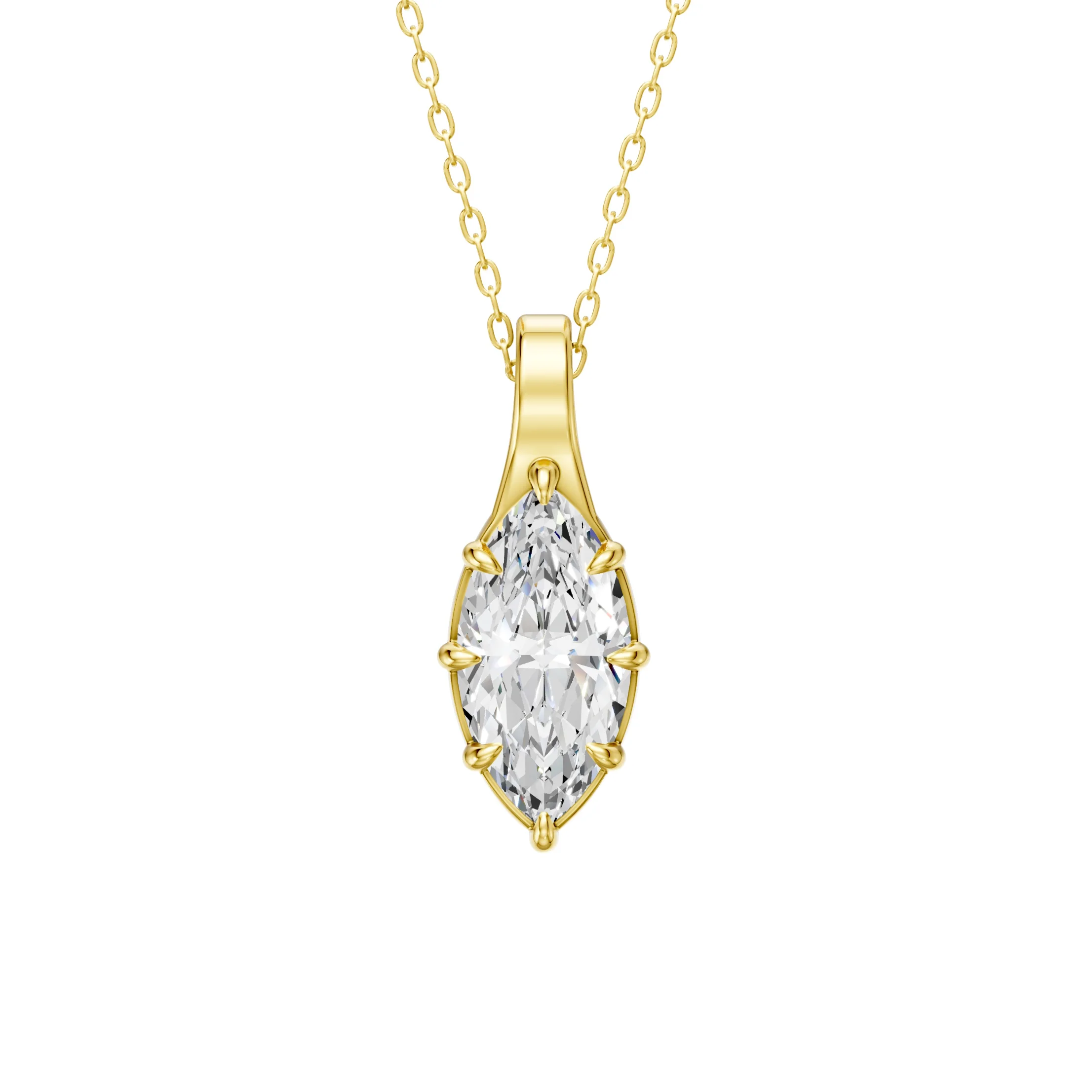 Marquise solitaire diamond pendant necklace with an eight-prong setting and tapered polished bail.