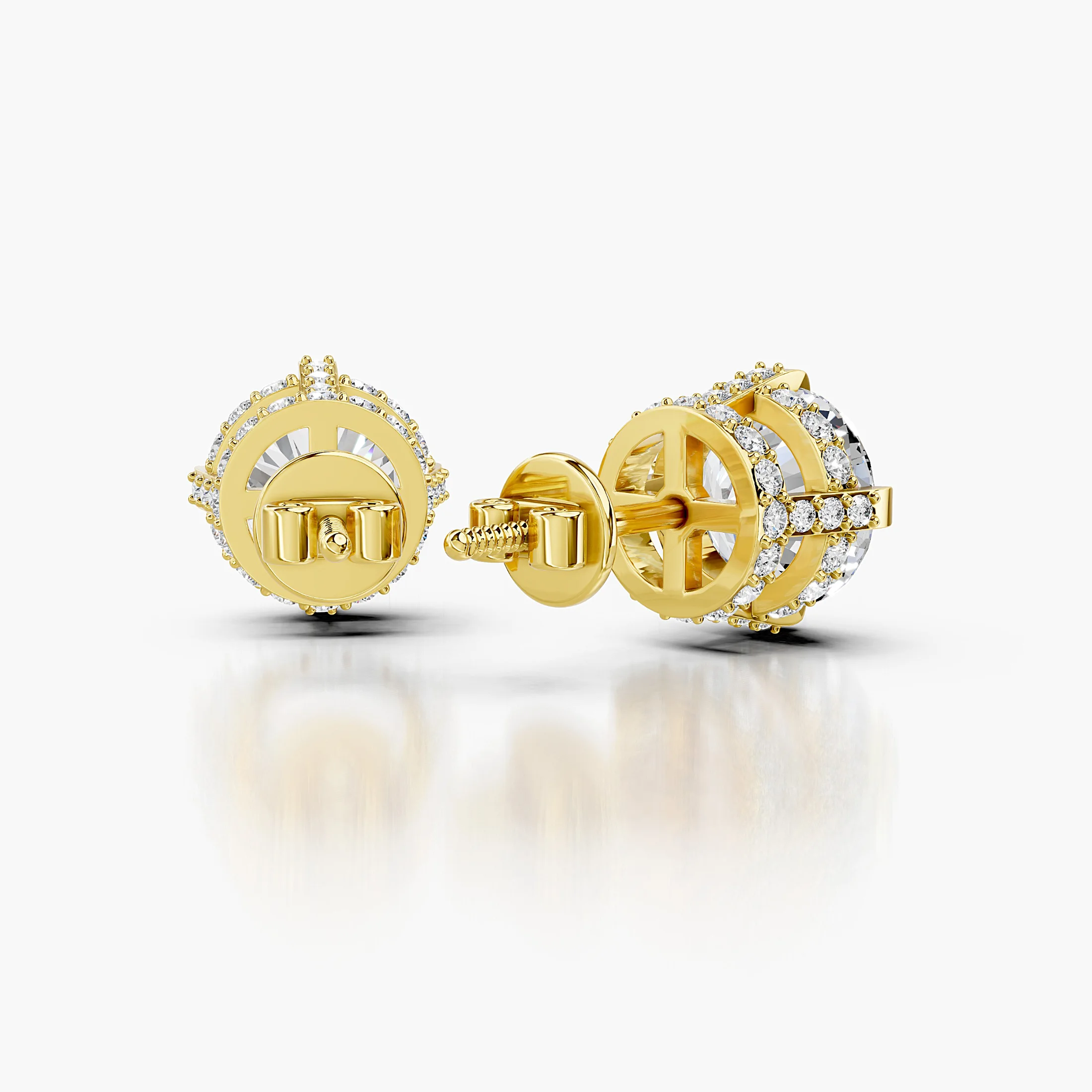 Pair of round diamond stud earrings with pavé cross-halo baskets and prominent solitaire centres.