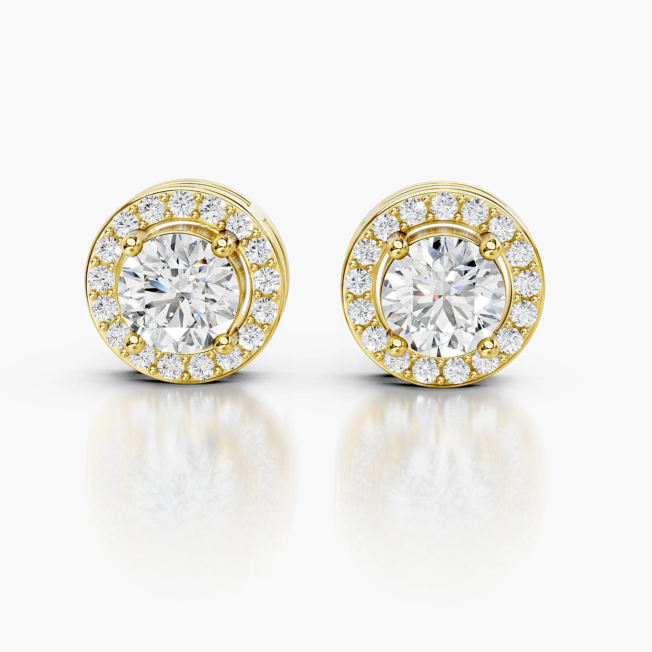 Round diamond stud earrings with circular round diamond halos and screw-back closures