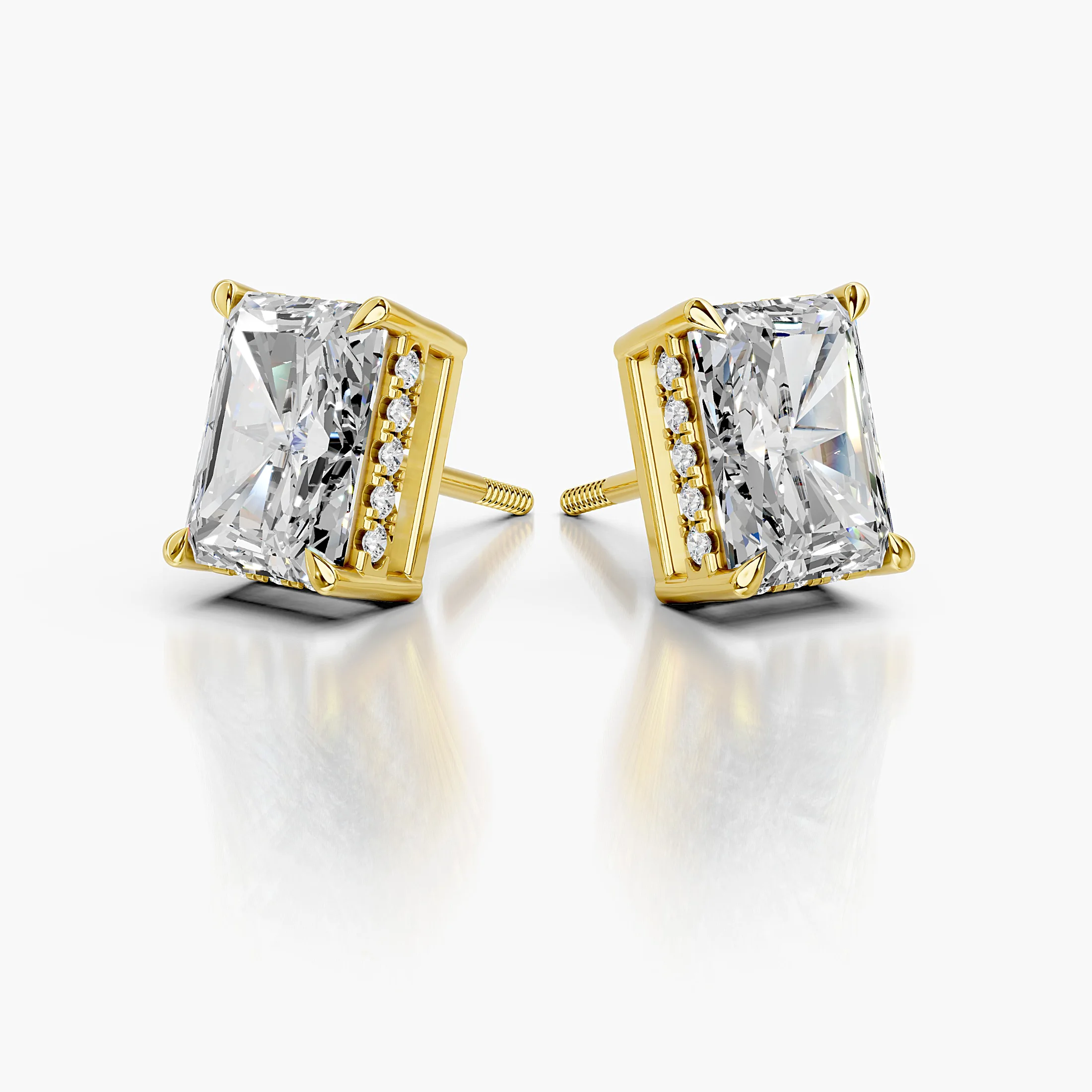 Radiant-cut lab-grown diamond stud earrings with sculpted prongs and diamond-accented side galleries.