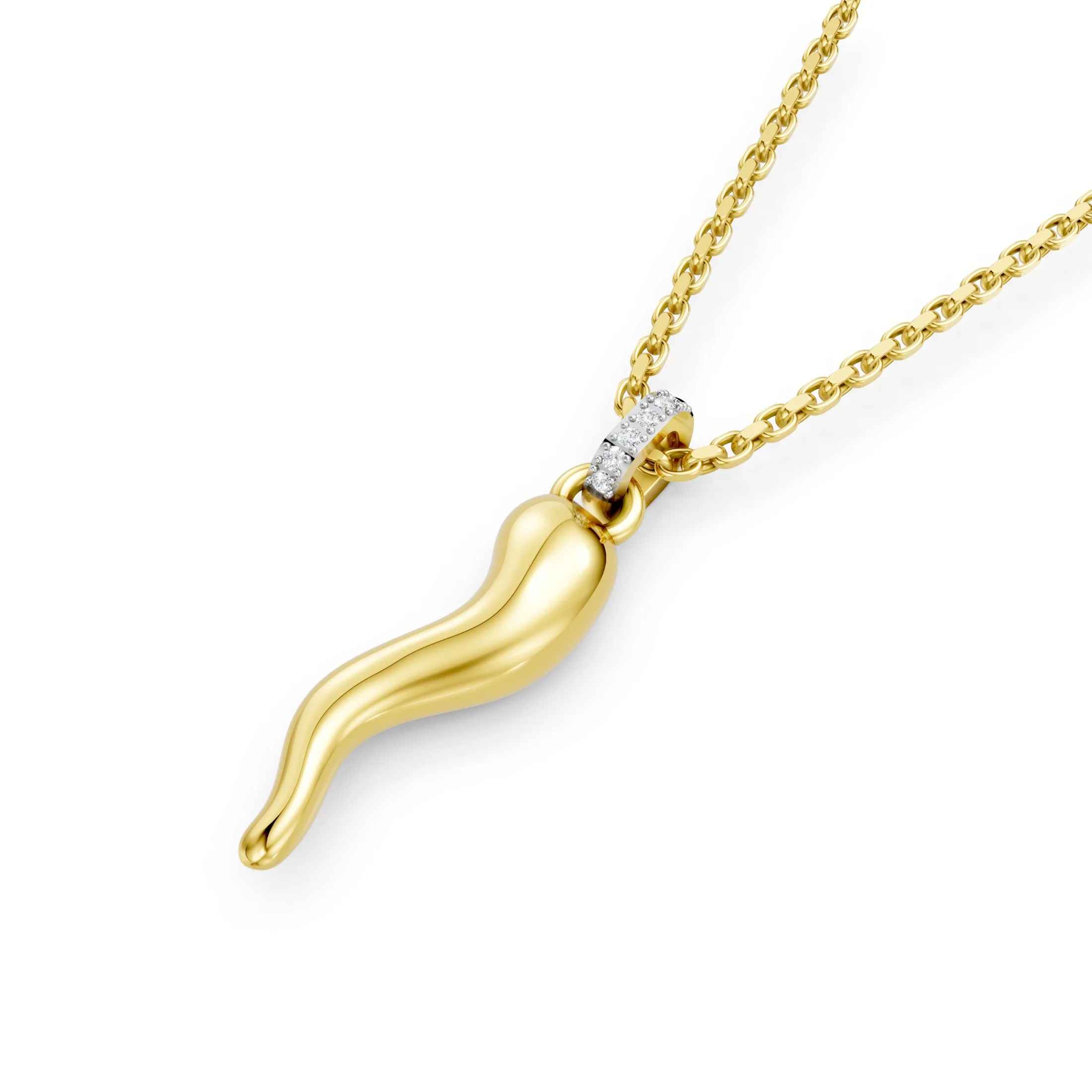 Sculptural curved horn pendant necklace with a polished finish and pavé-set diamond bail.