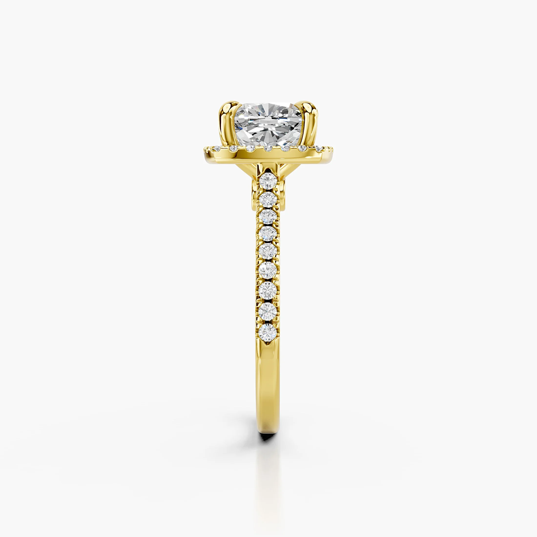 Cushion-cut lab-grown diamond engagement ring with a squared halo and diamond-set band.