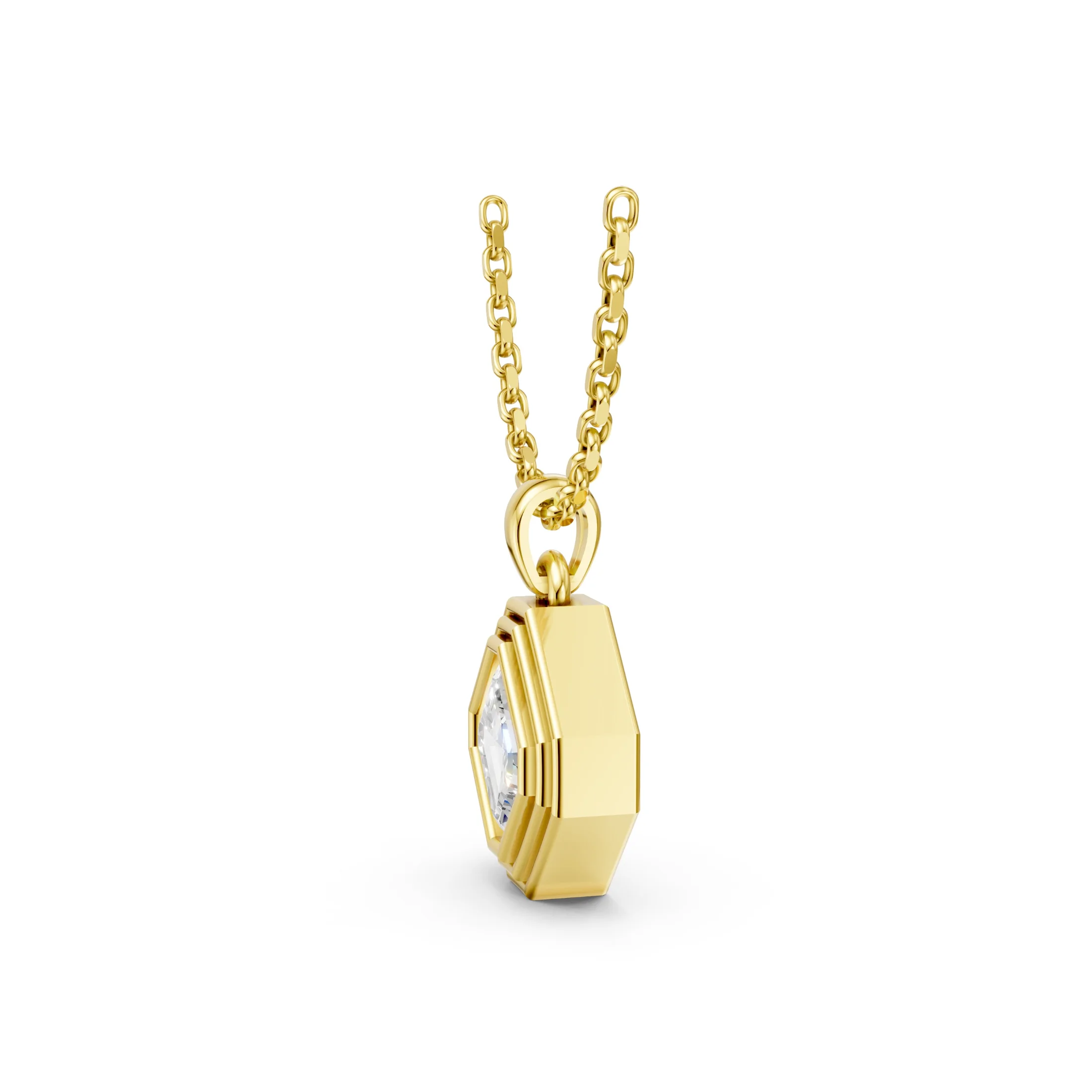 Asscher-cut diamond pendant necklace with a full bezel setting, layered geometric frame and polished bail.