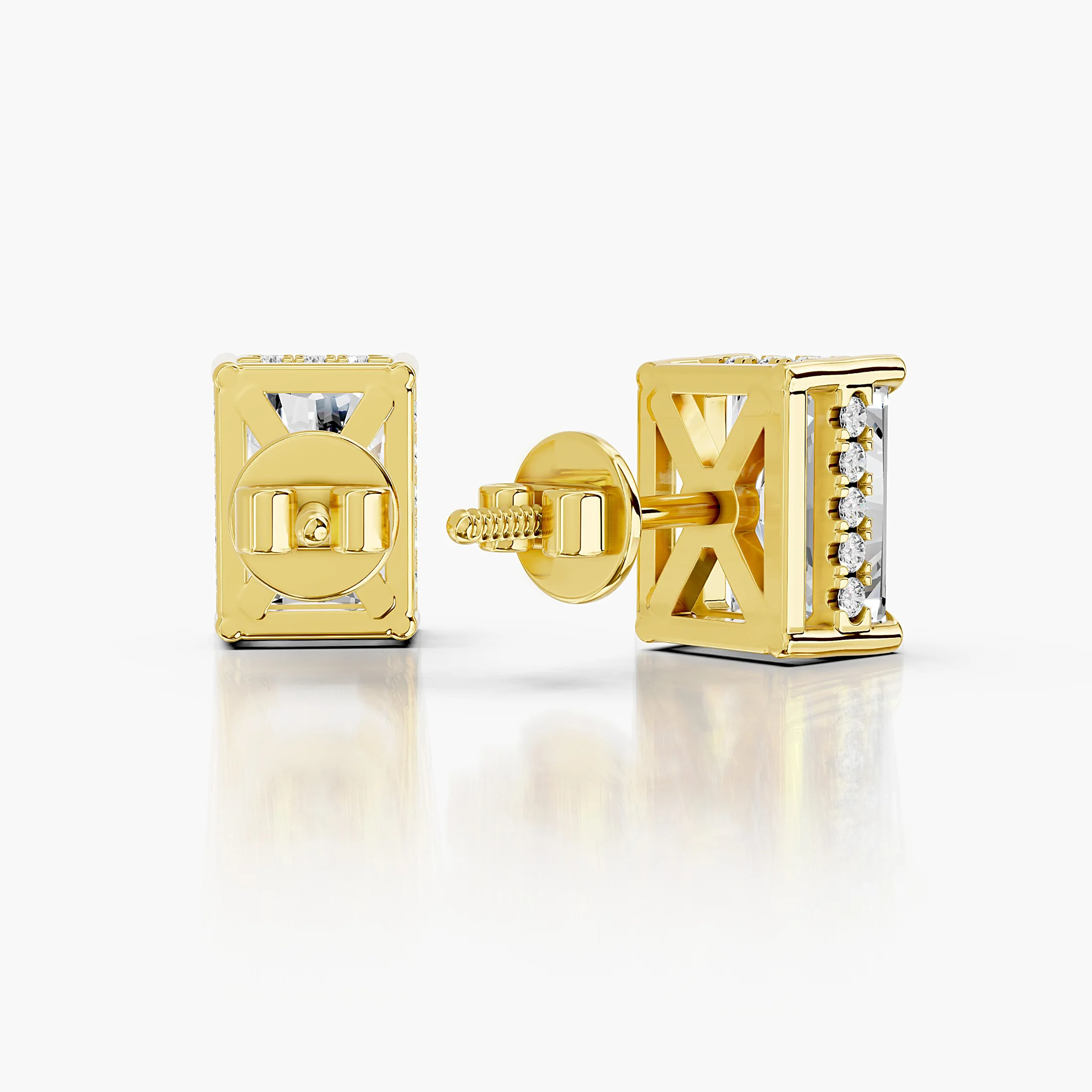 Radiant-cut lab-grown diamond stud earrings with sculpted prongs and diamond-accented side galleries.