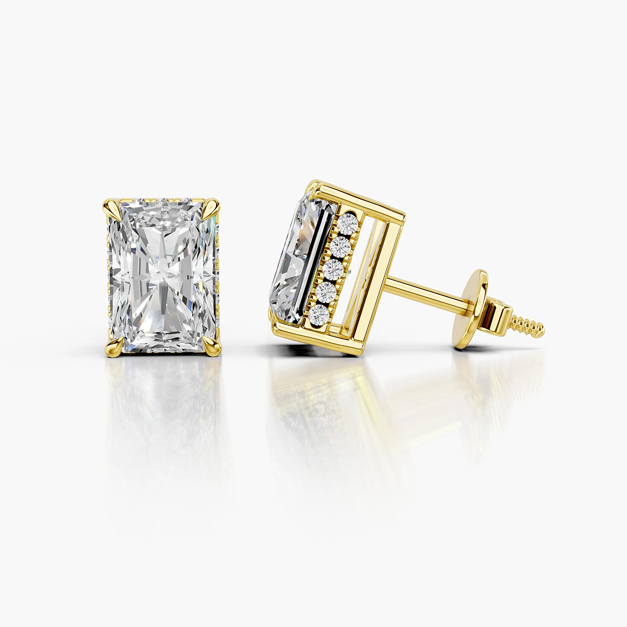Radiant-cut lab-grown diamond stud earrings with sculpted prongs and diamond-accented side galleries.