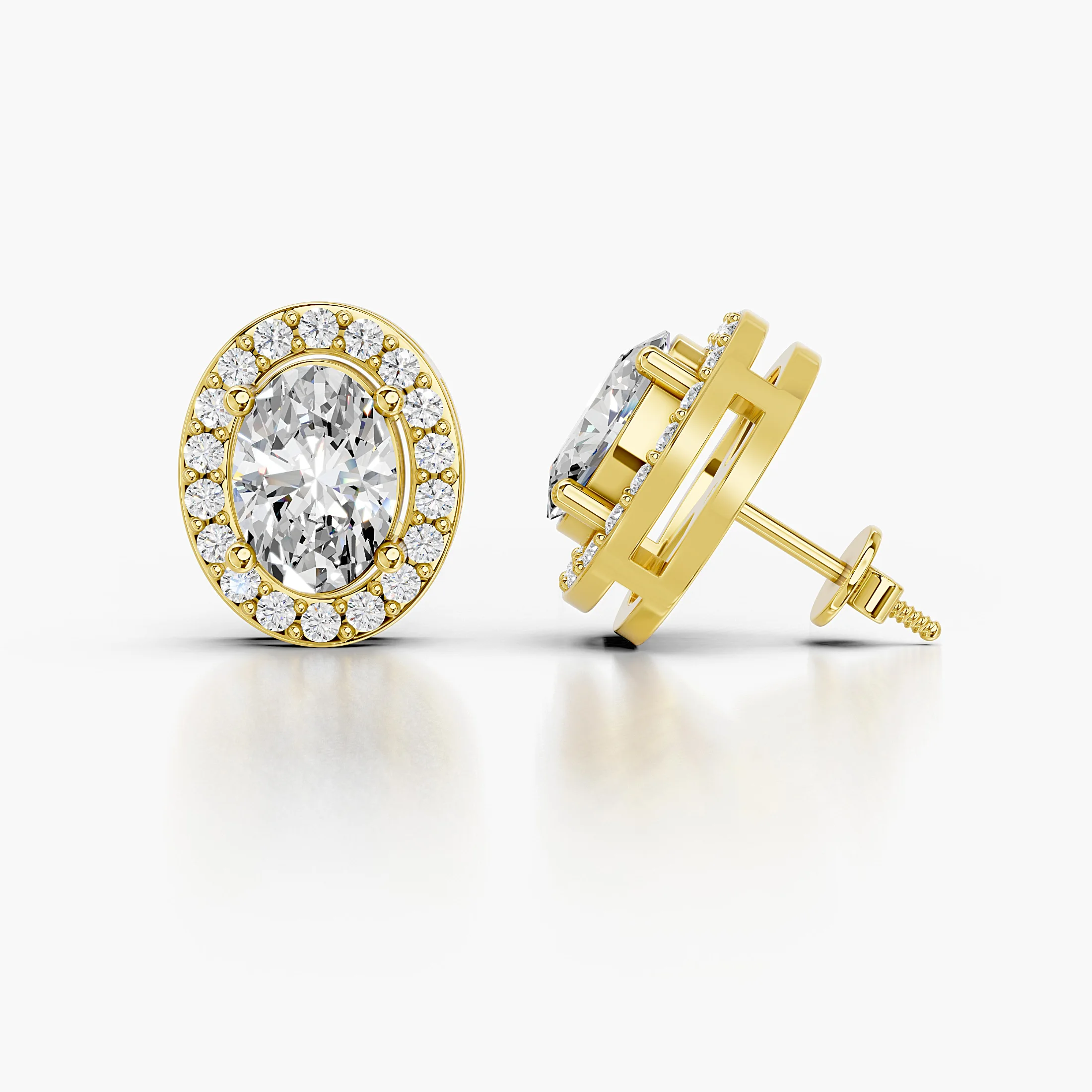Oval diamond stud earrings with continuous round diamond halos and screw-back closures
