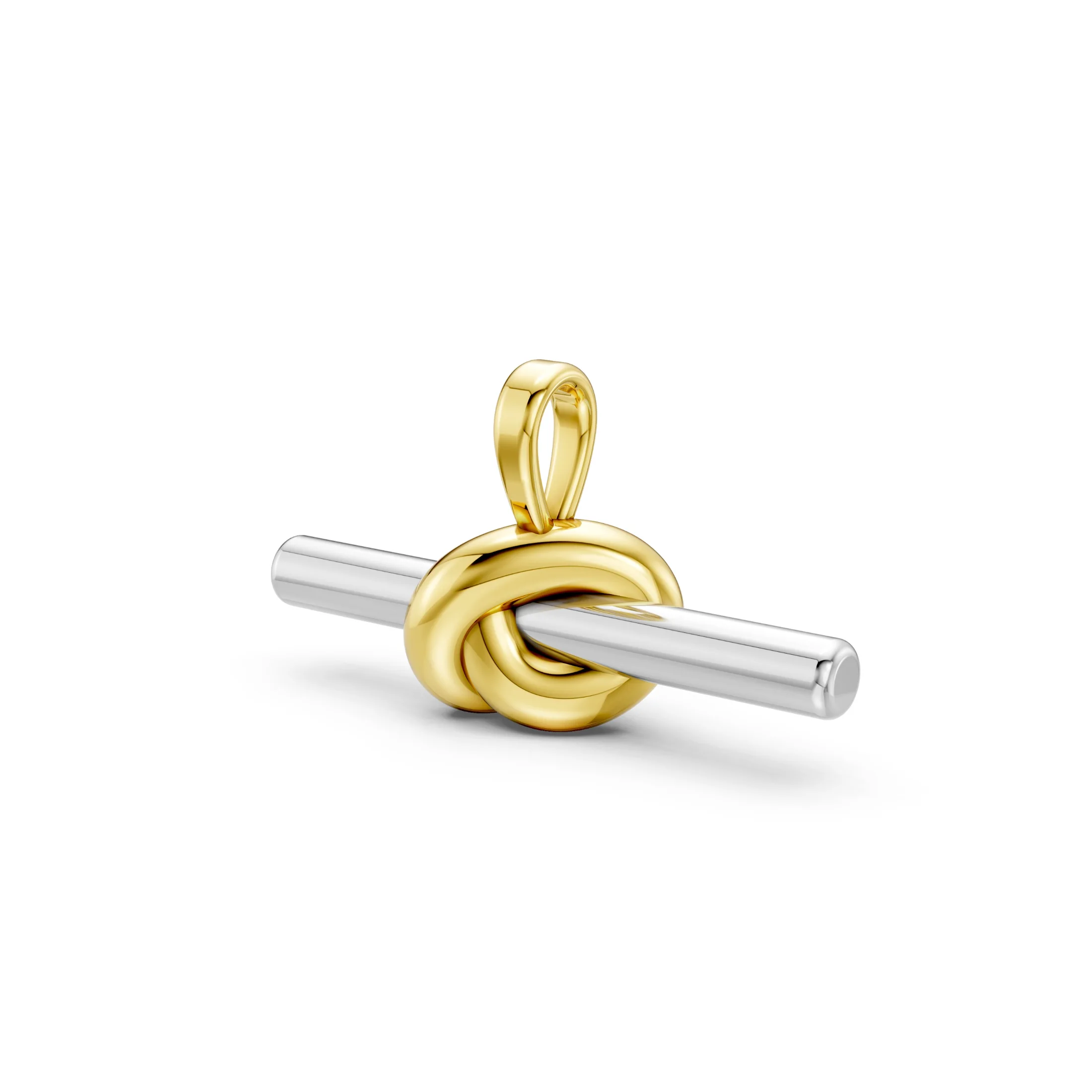 Two-tone knot T-bar pendant necklace with a polished contrasting horizontal bar.