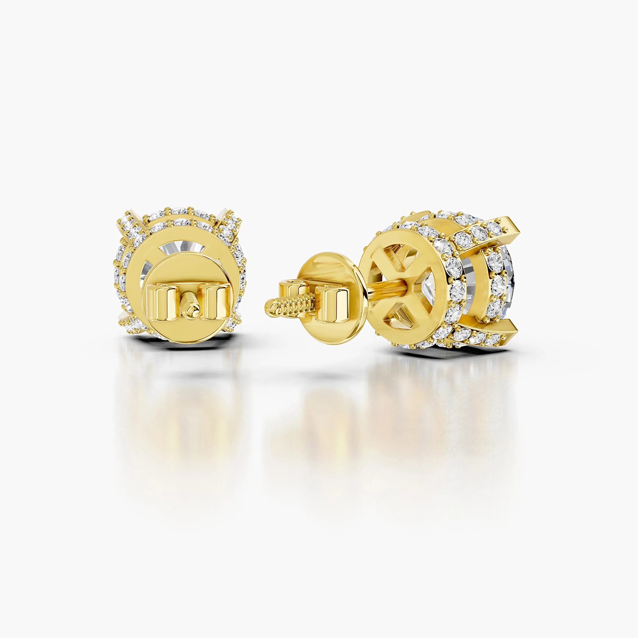 Round diamond stud earrings with square-tipped prongs and sparkling double hidden halos.