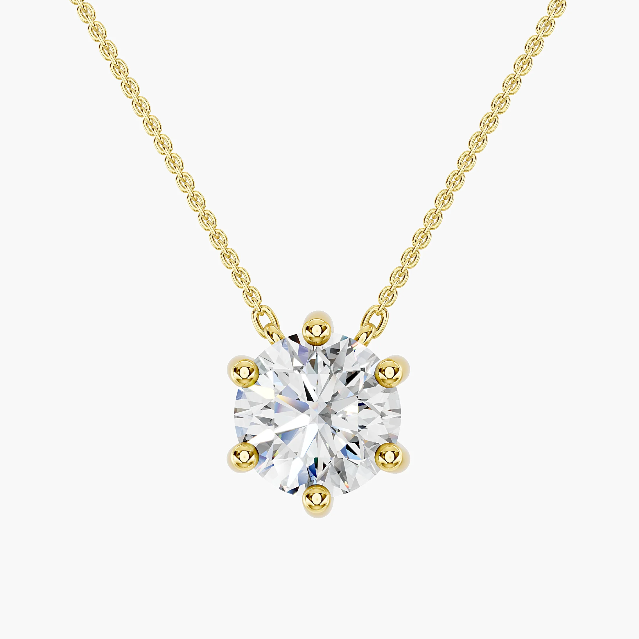 Round solitaire diamond necklace with a six-prong setting connected directly to a delicate chain.