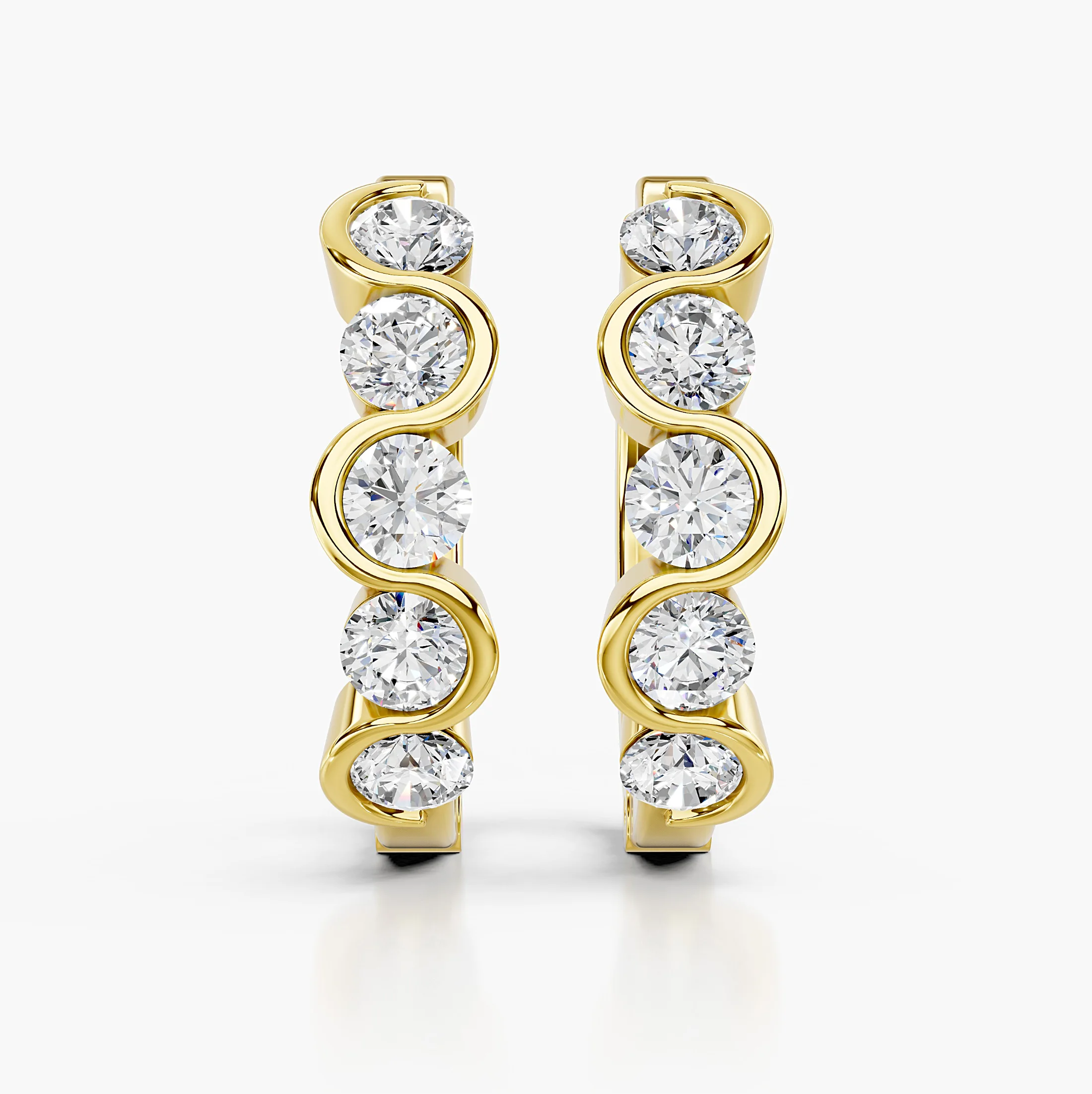 Pair of round diamond hoop earrings with flowing partial-bezel curves and a polished sculpted profile.