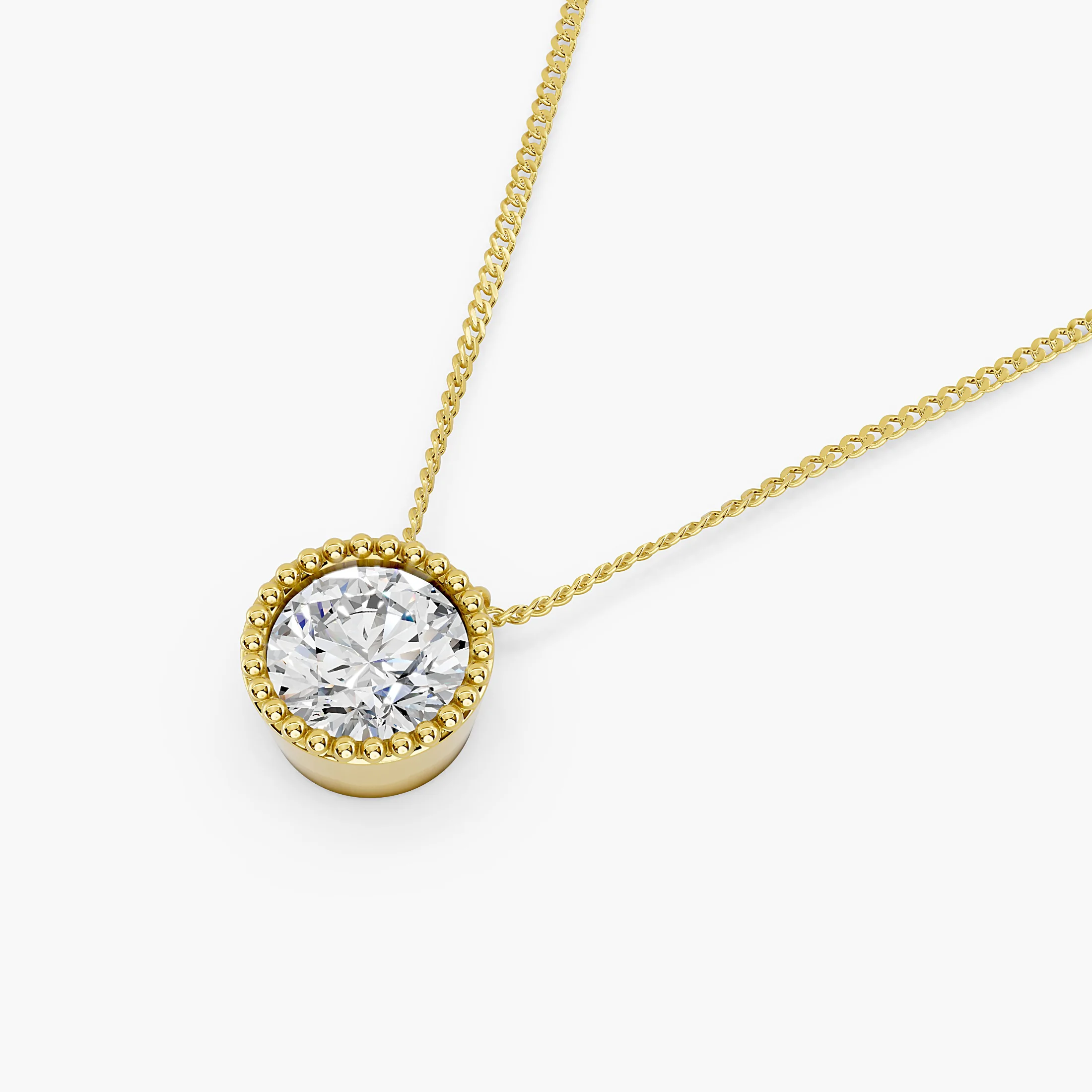 Round solitaire diamond necklace with a polished bezel, beaded milgrain border and twin chain attachments.