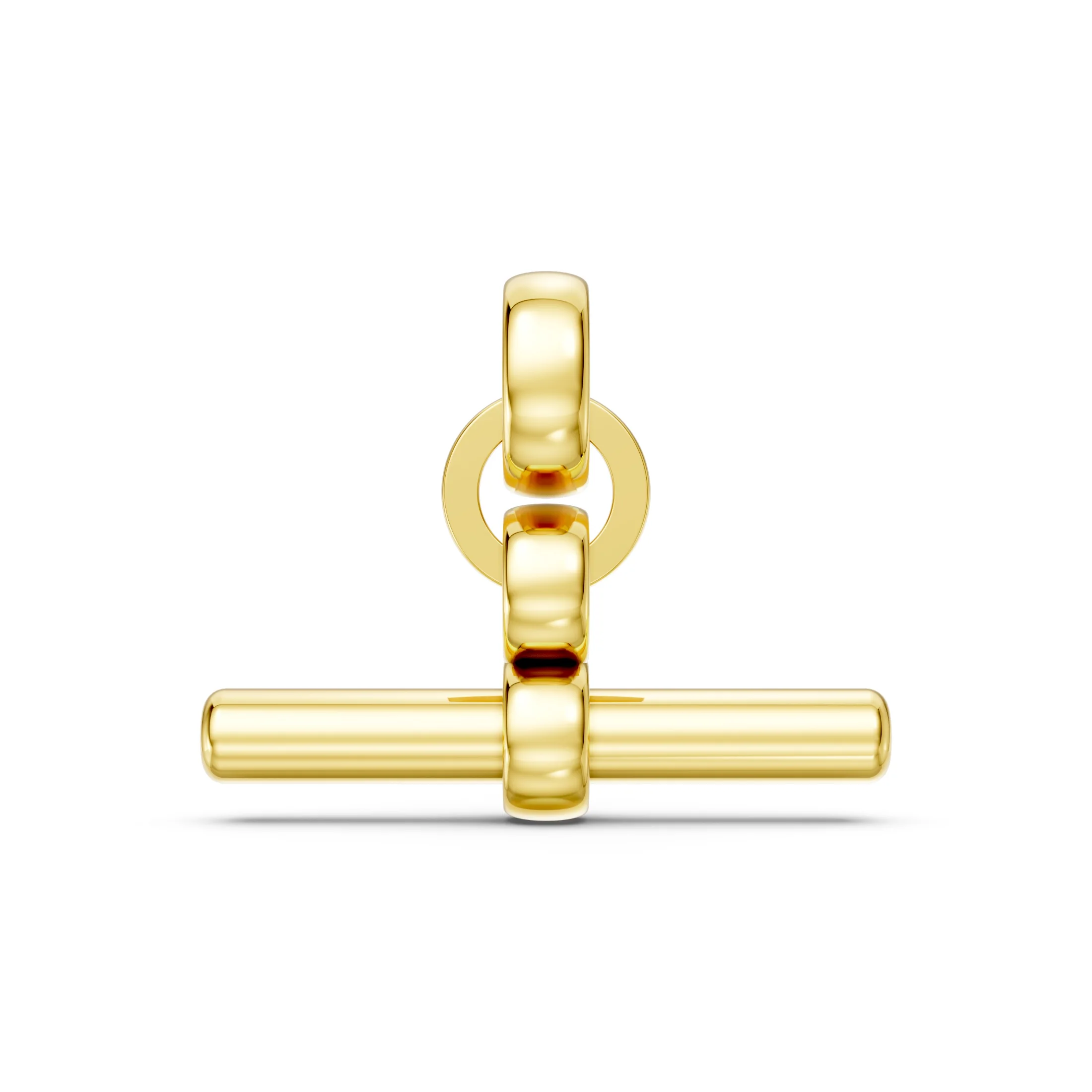 Interlocking circular link T-bar pendant necklace with a polished horizontal bar.