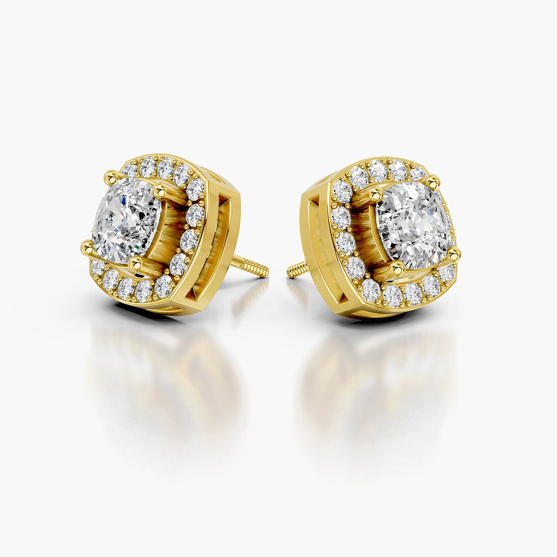 Cushion diamond stud earrings with rounded-square round diamond halos and screw-back closures
