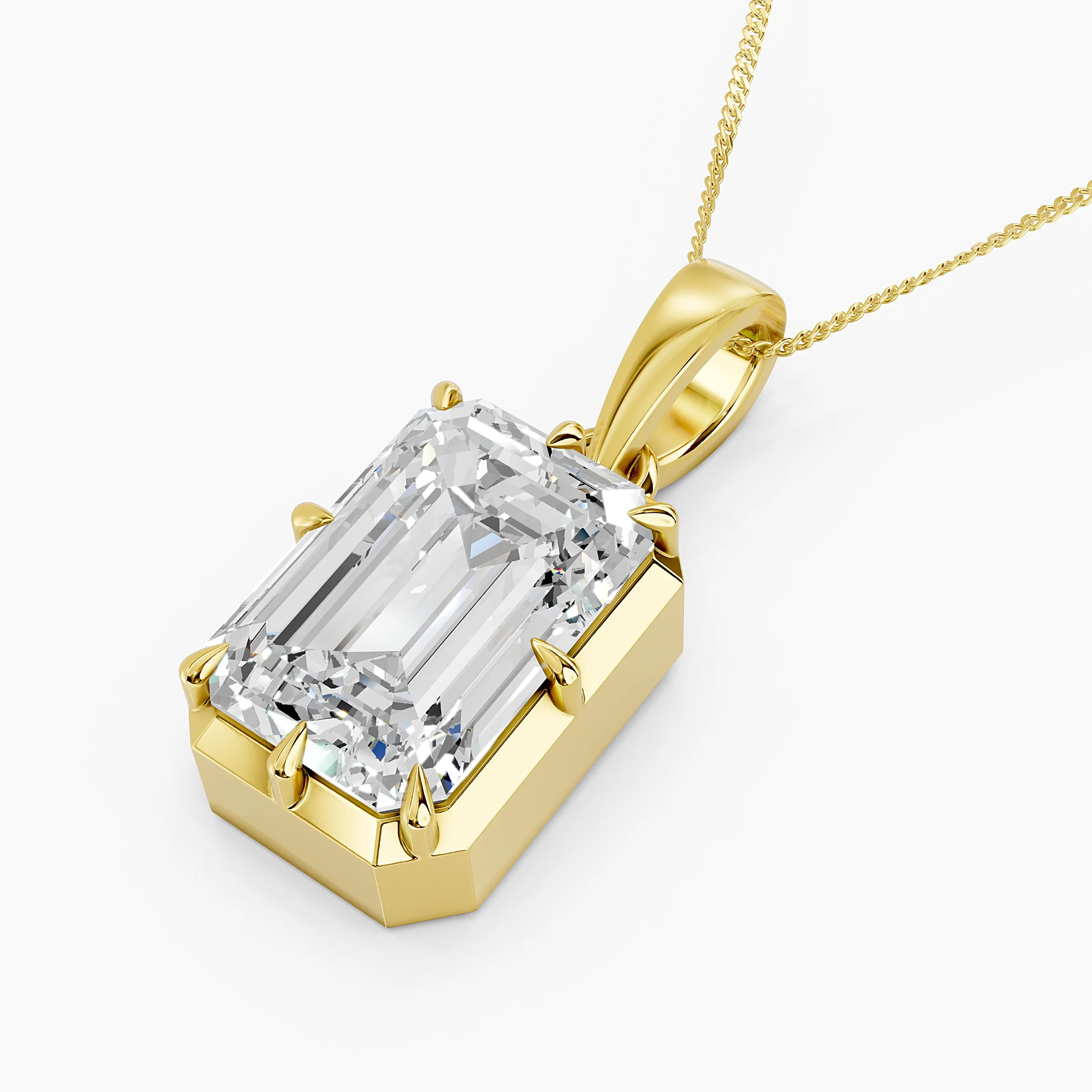 Emerald-cut solitaire diamond pendant necklace with an eight-prong geometric frame and tapered bail.