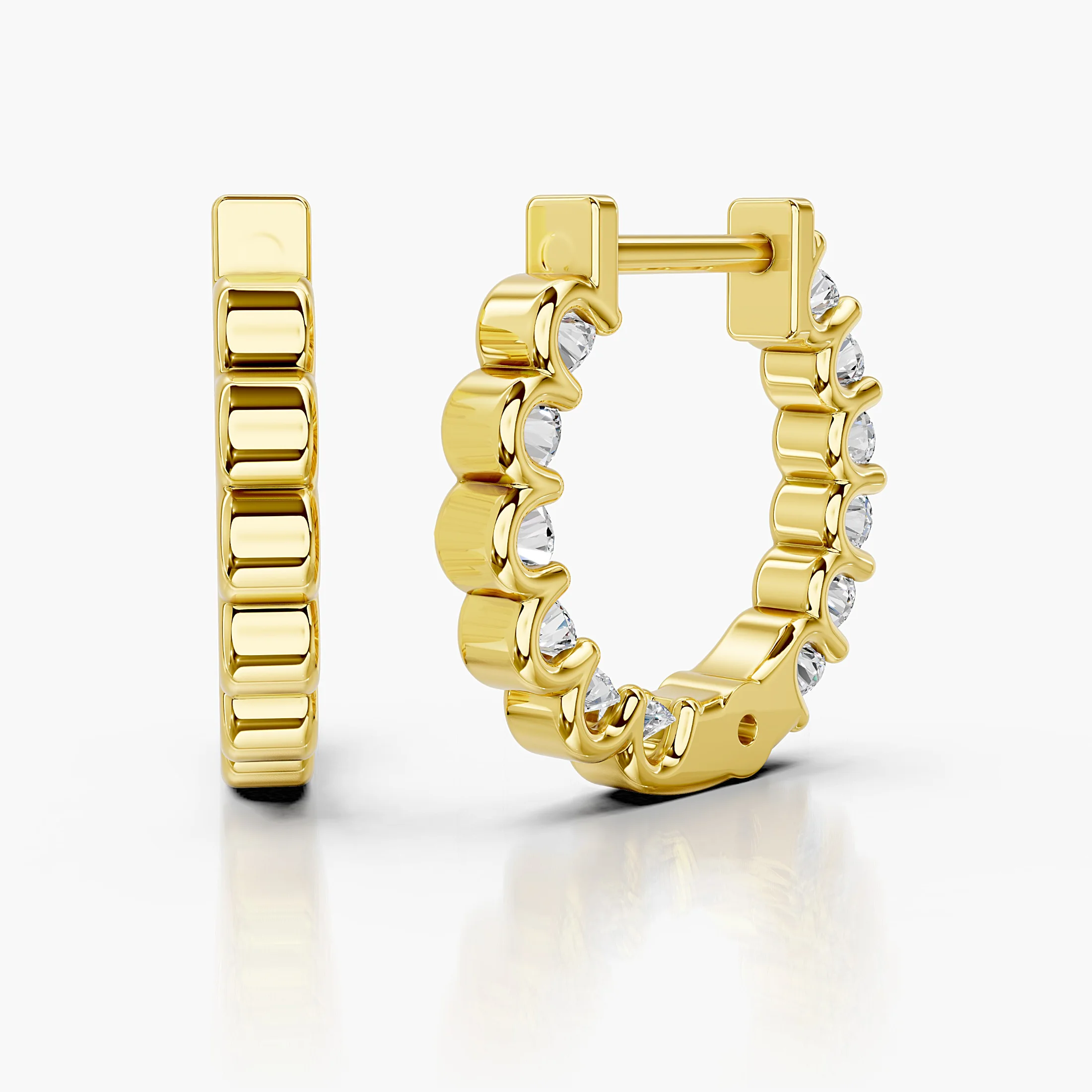 Round diamond classic hoop earrings with shared-prong settings.