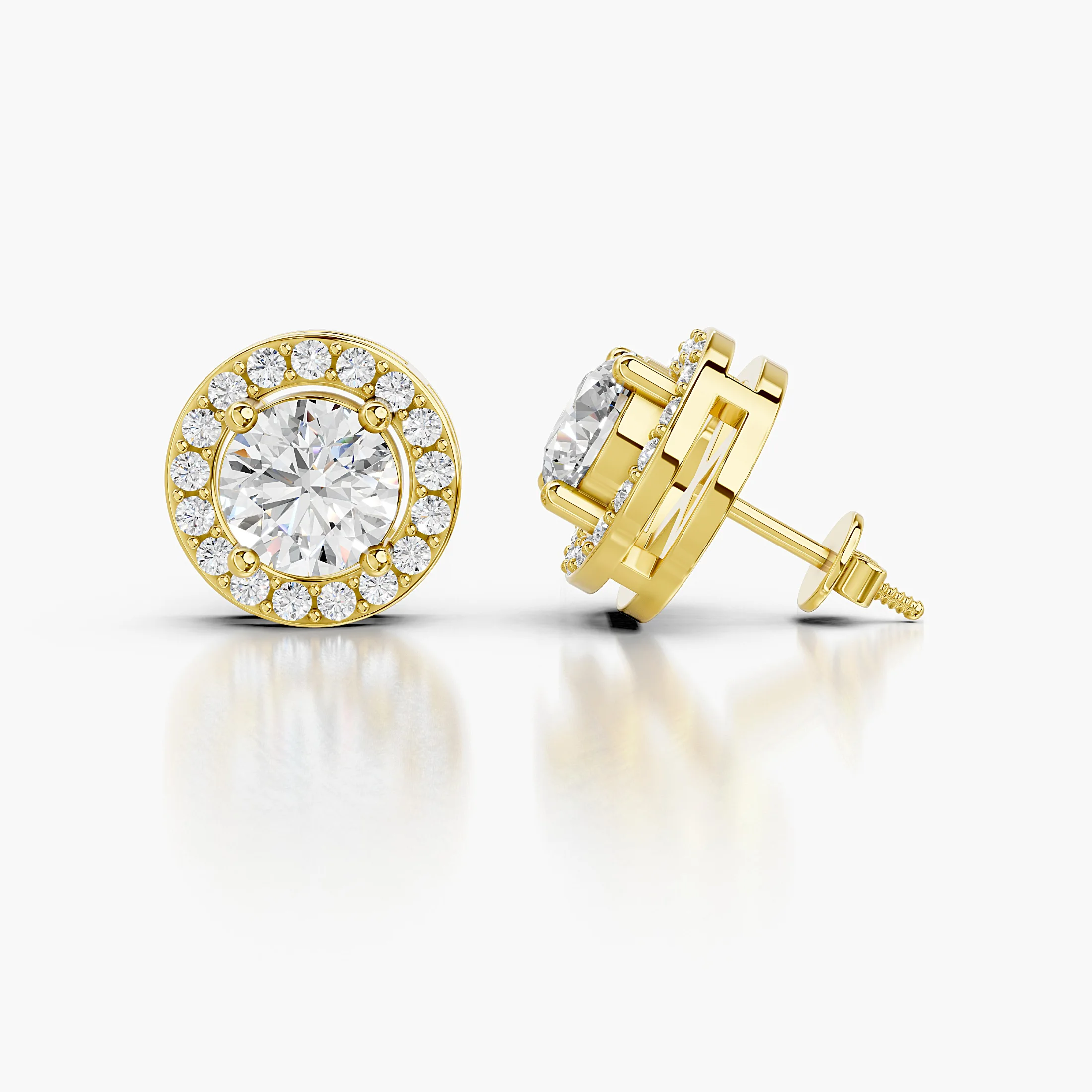 Round diamond stud earrings with circular round diamond halos and screw-back closures