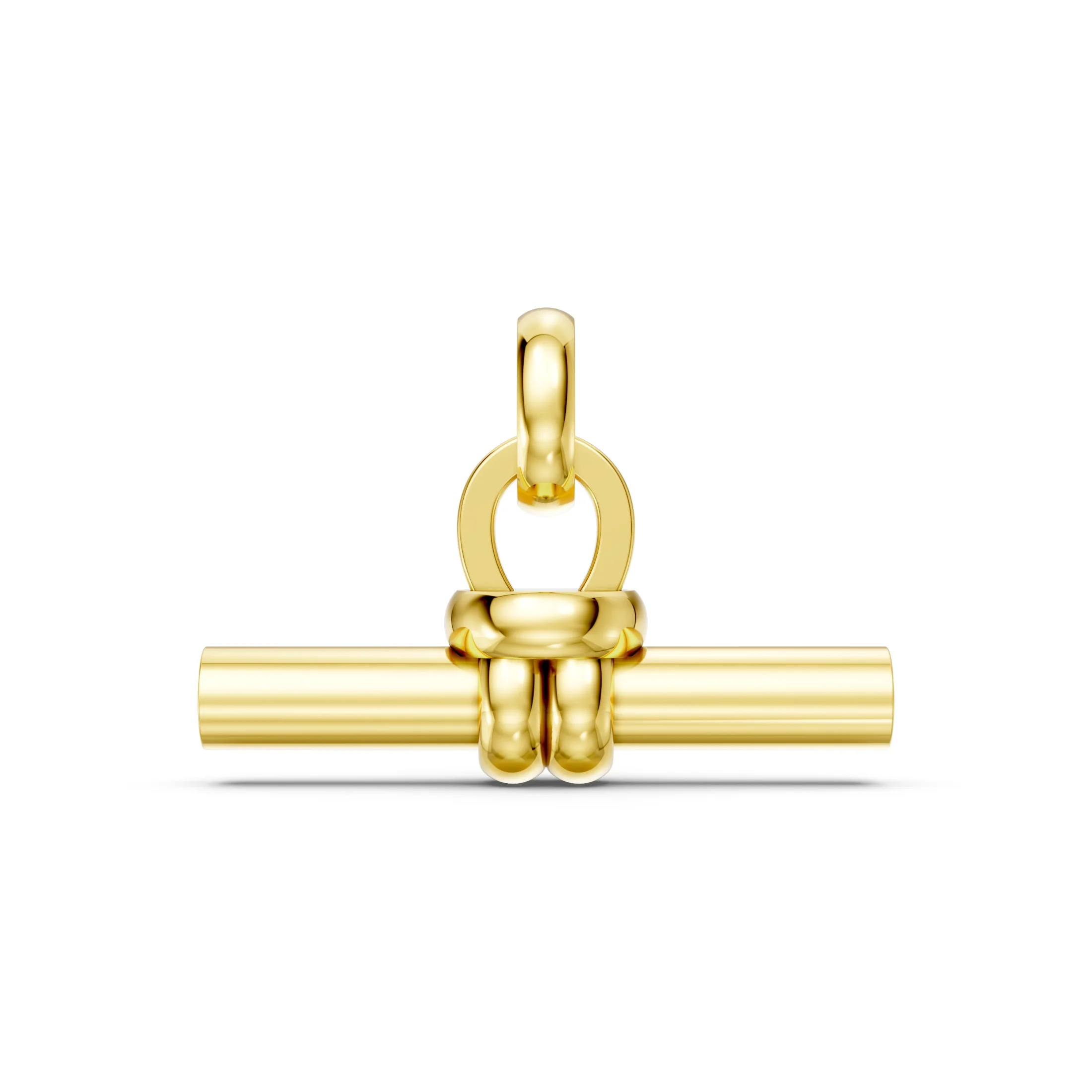 Knot-inspired T-bar pendant necklace with polished interlocking circular links.