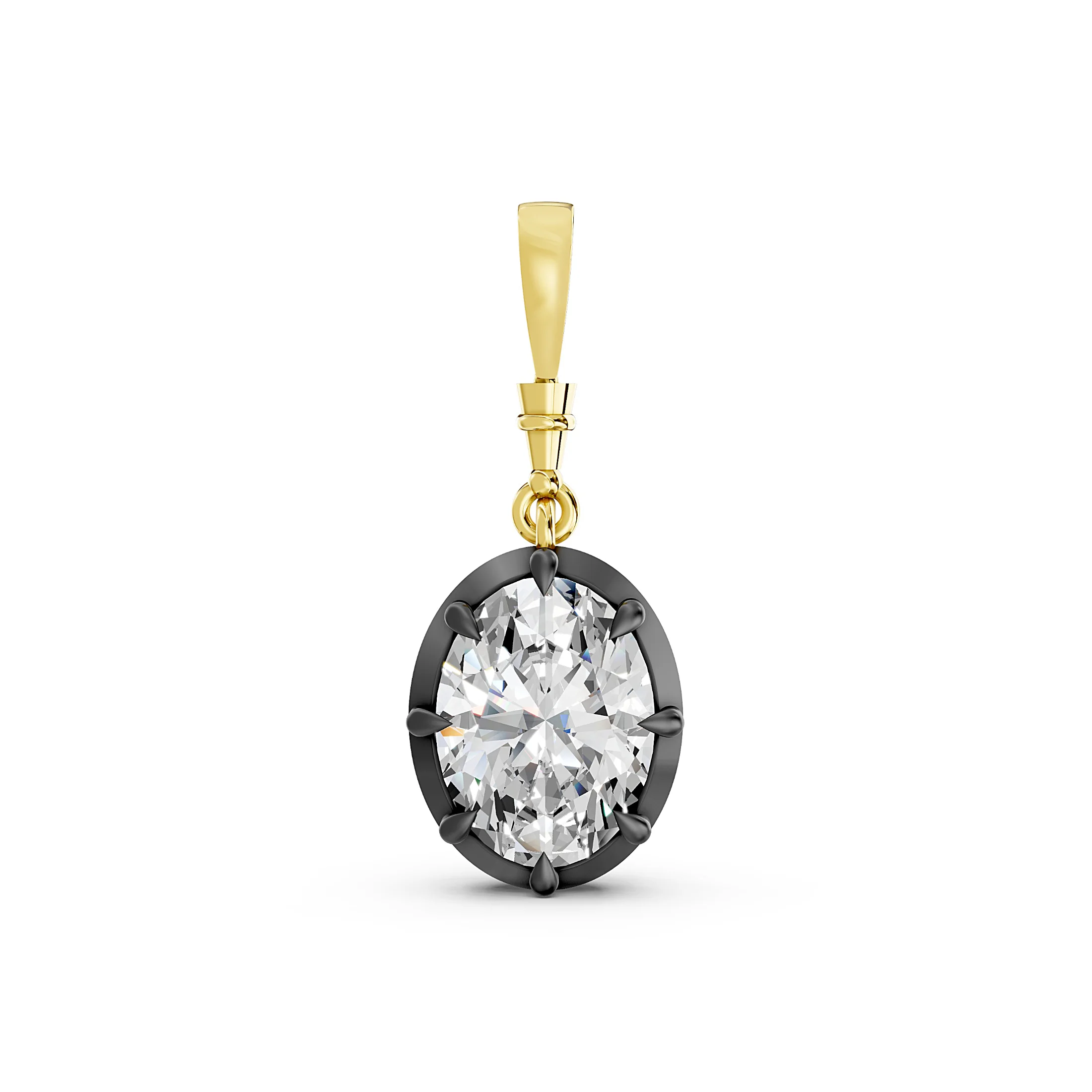 Oval solitaire diamond pendant with eight sculpted prongs, a contrasting frame and tapered articulated bail.