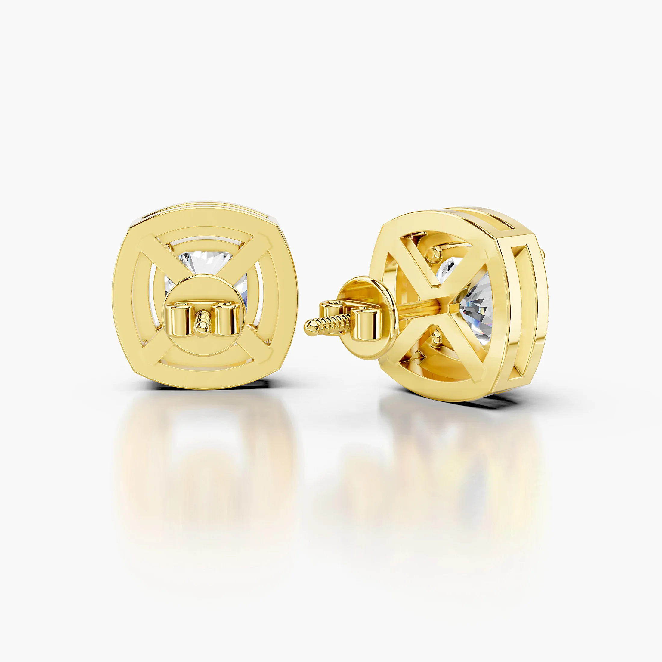 Cushion diamond stud earrings with rounded-square round diamond halos and screw-back closures
