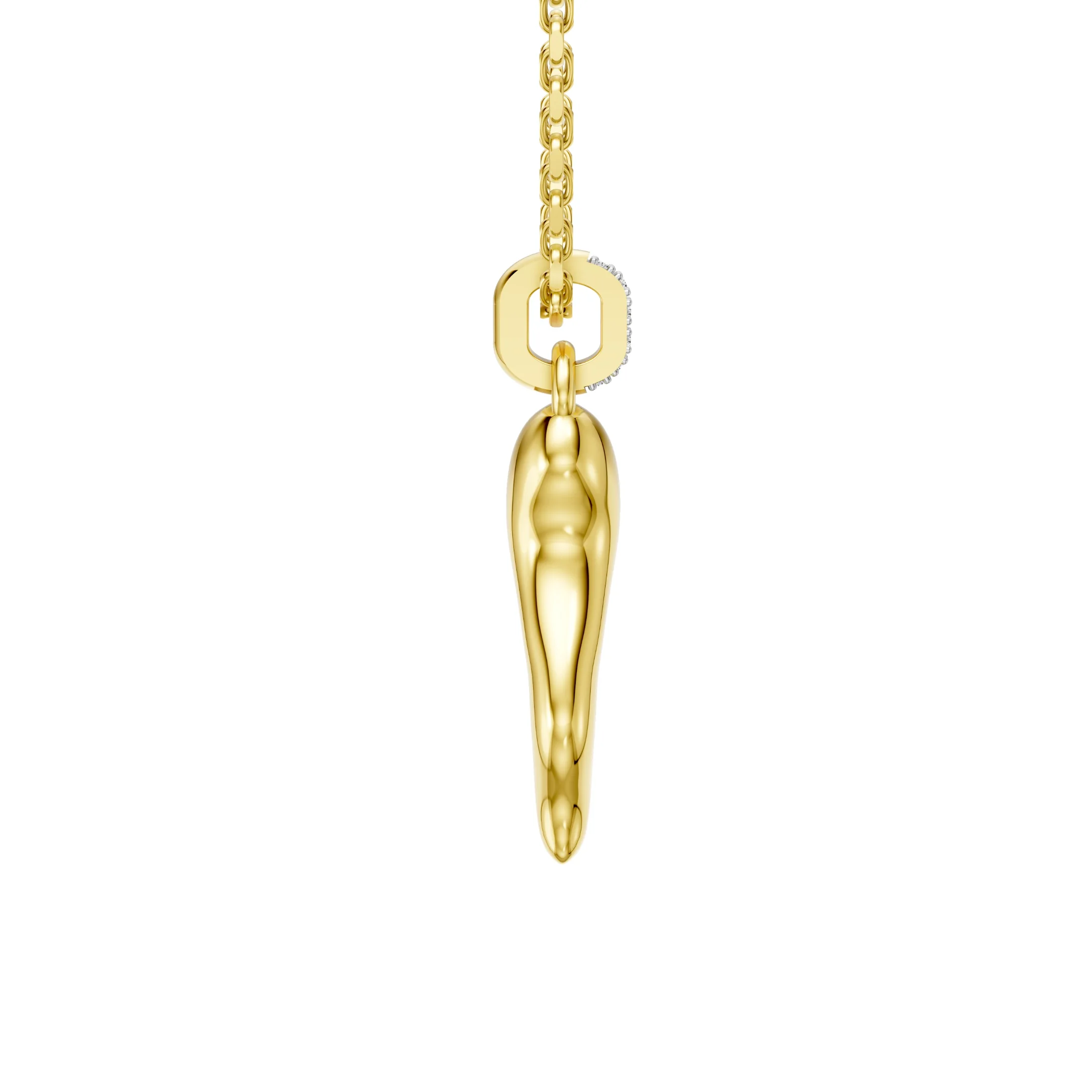 Sculptural curved horn pendant necklace with a polished finish and pavé-set diamond bail.