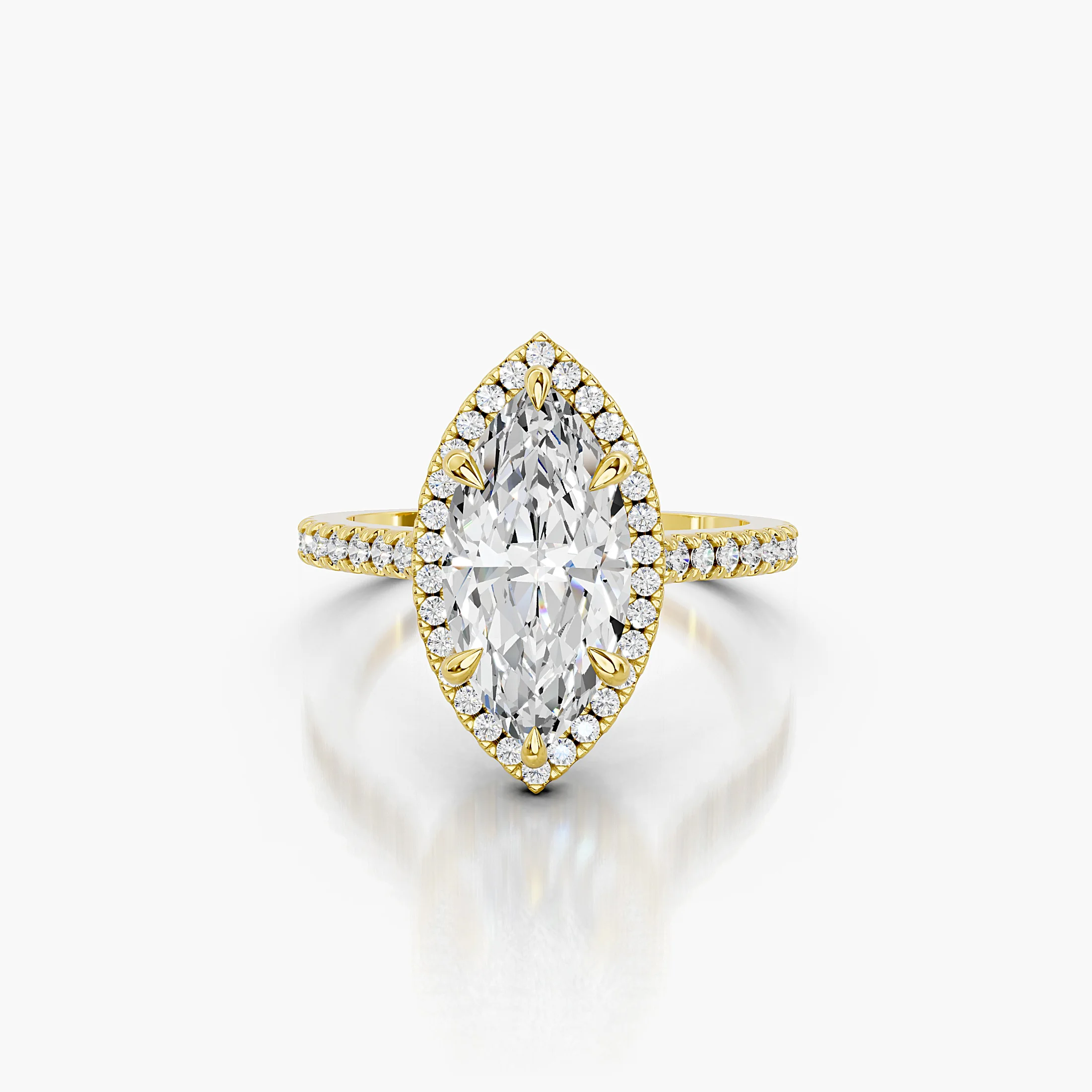 Marquise-cut lab-grown diamond engagement ring with a matching halo and diamond-set band.