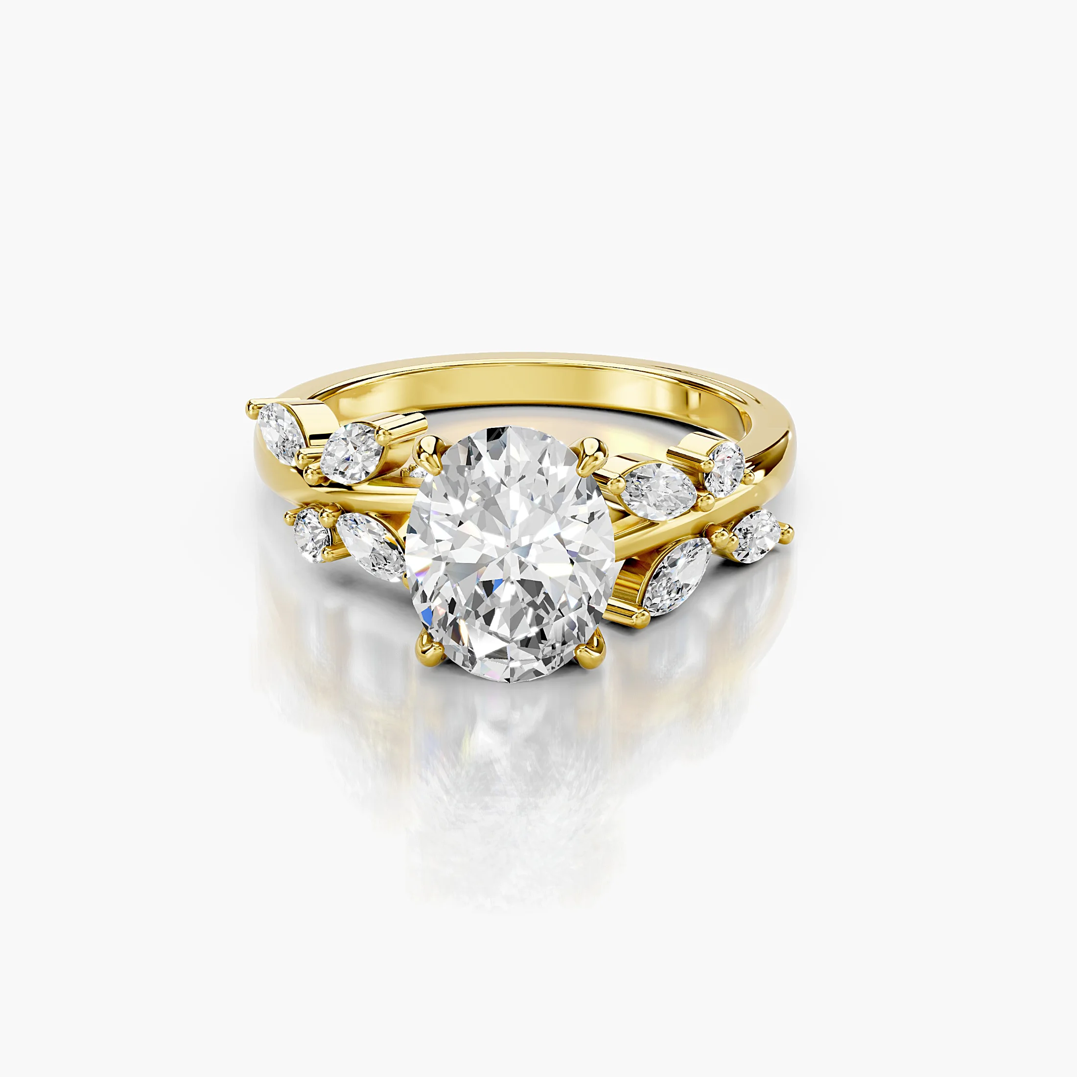 Oval diamond ring with marquise and round diamond leaf accents on an open vine-inspired band.