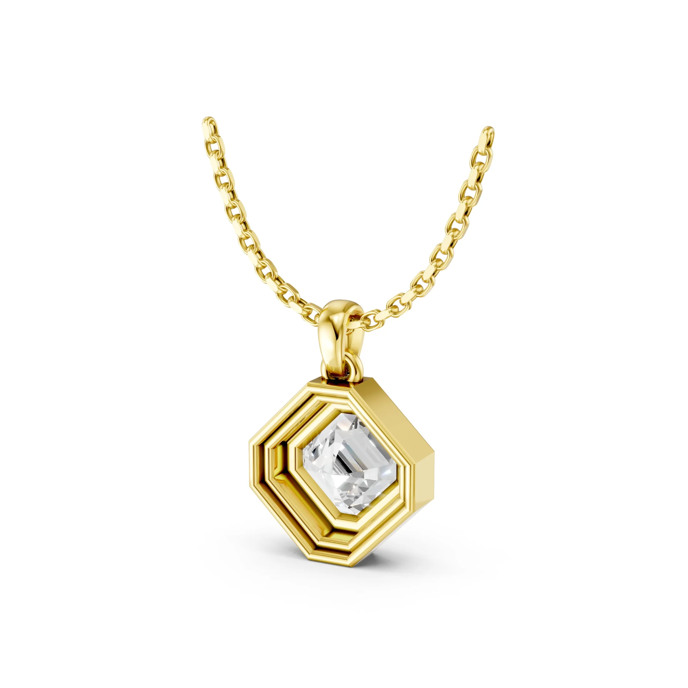 Asscher-cut diamond pendant necklace with a full bezel setting, layered geometric frame and polished bail.