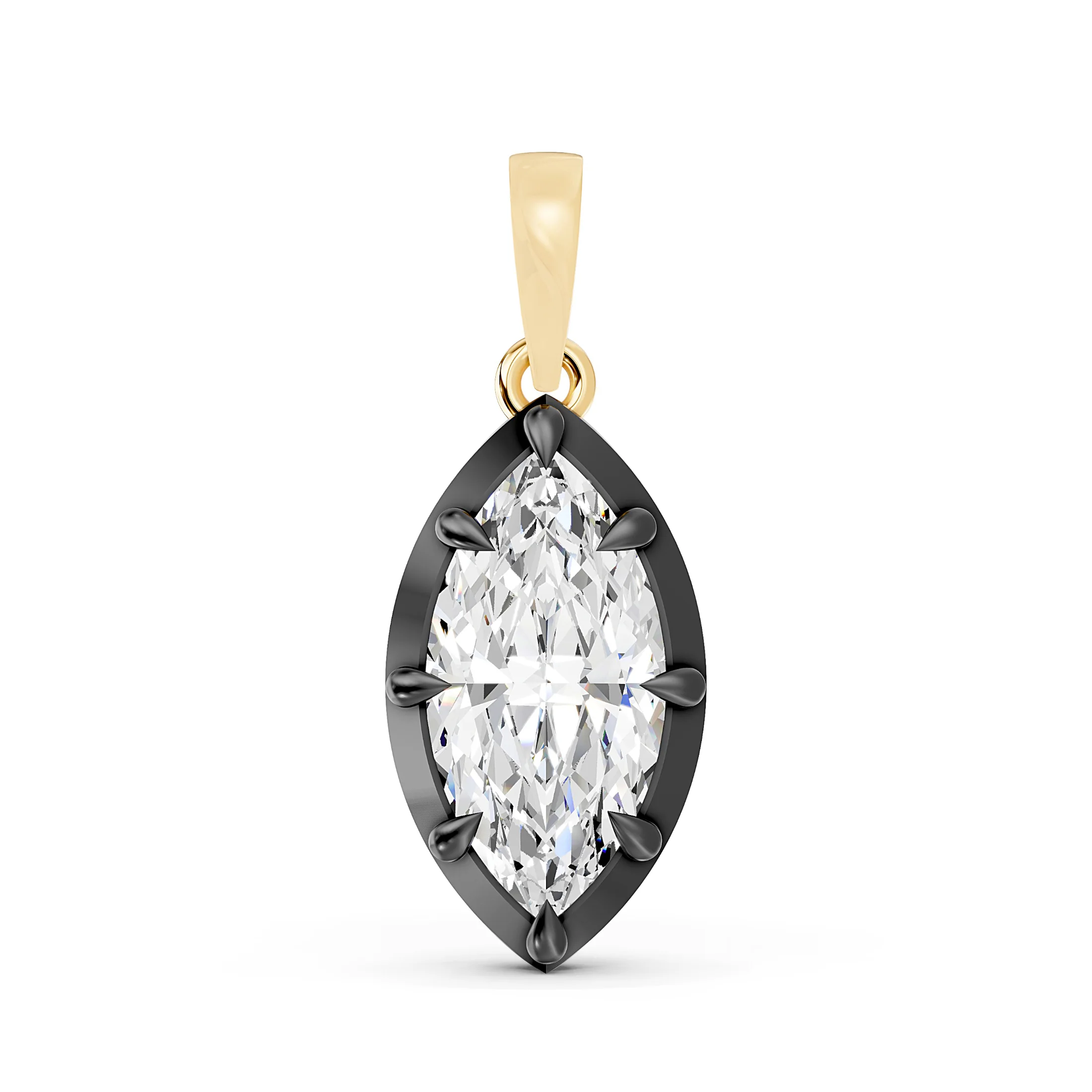 Marquise solitaire diamond necklace featuring a dark contrasting frame and polished tapered bail.