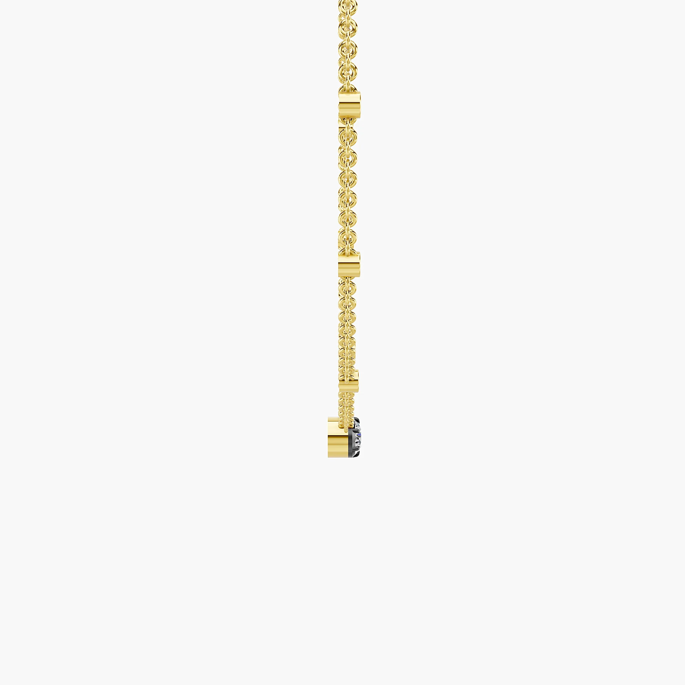 Seven-stone necklace with a larger round center diamond and six smaller round diamonds spaced along the chain