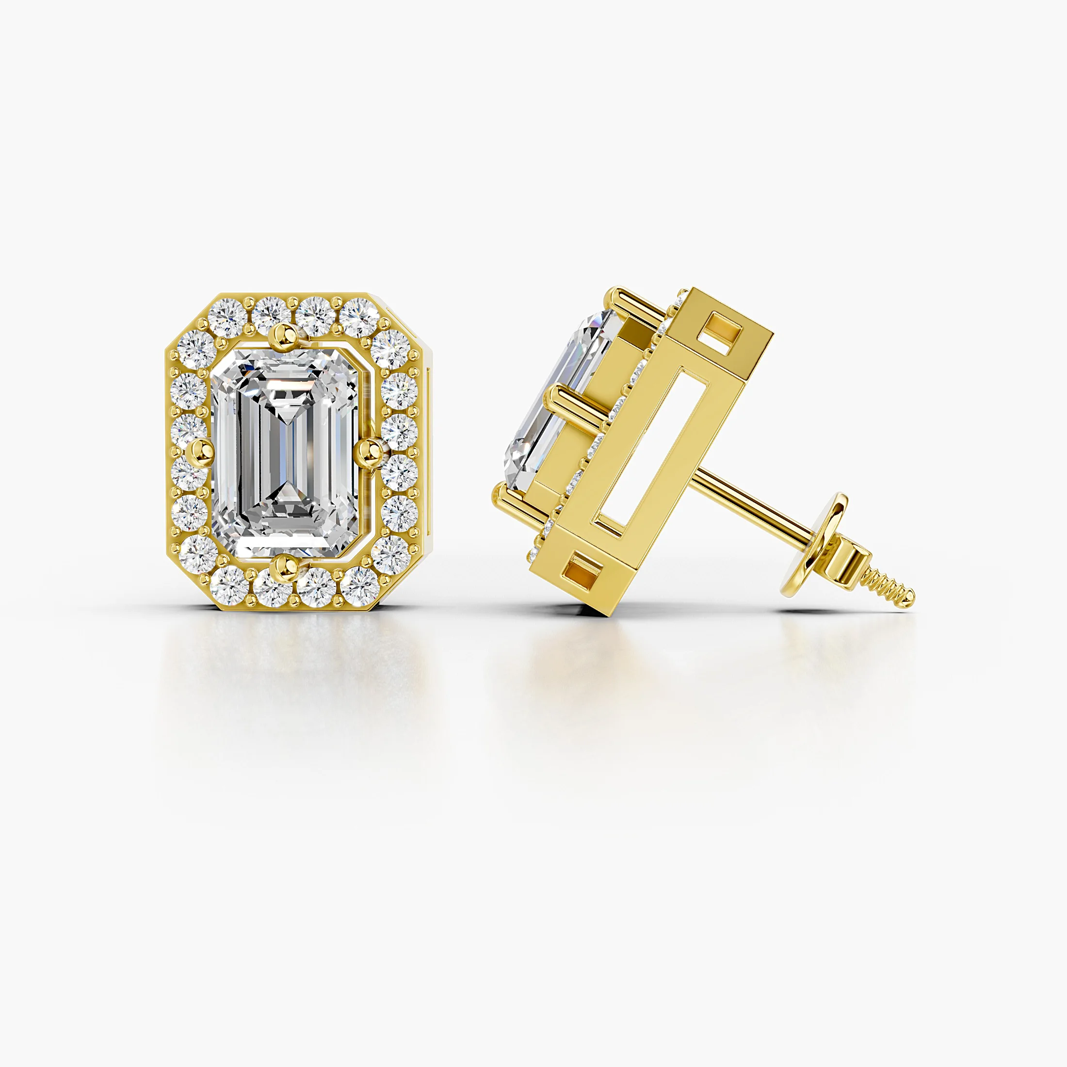 Emerald diamond stud earrings with geometric round diamond halos and screw-back closures