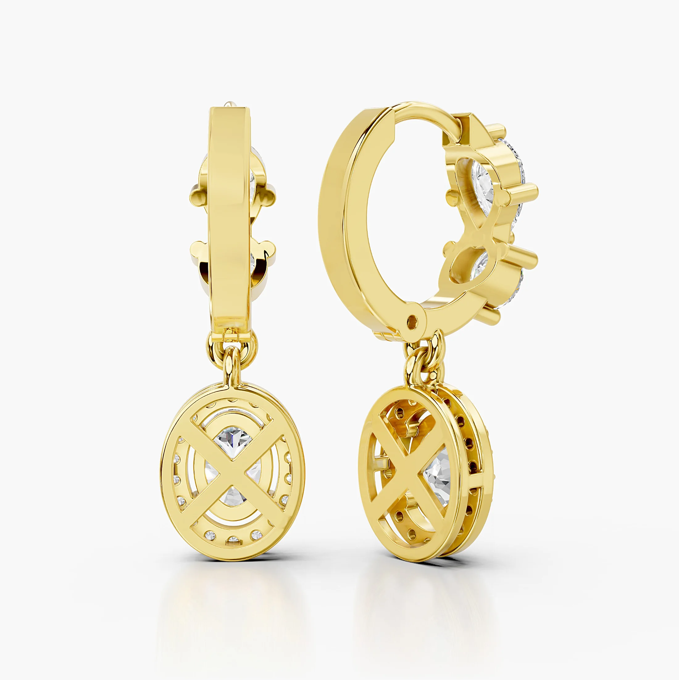 Pair of multi-shape diamond drop earrings with oval halo pendants and articulated hoop tops.
