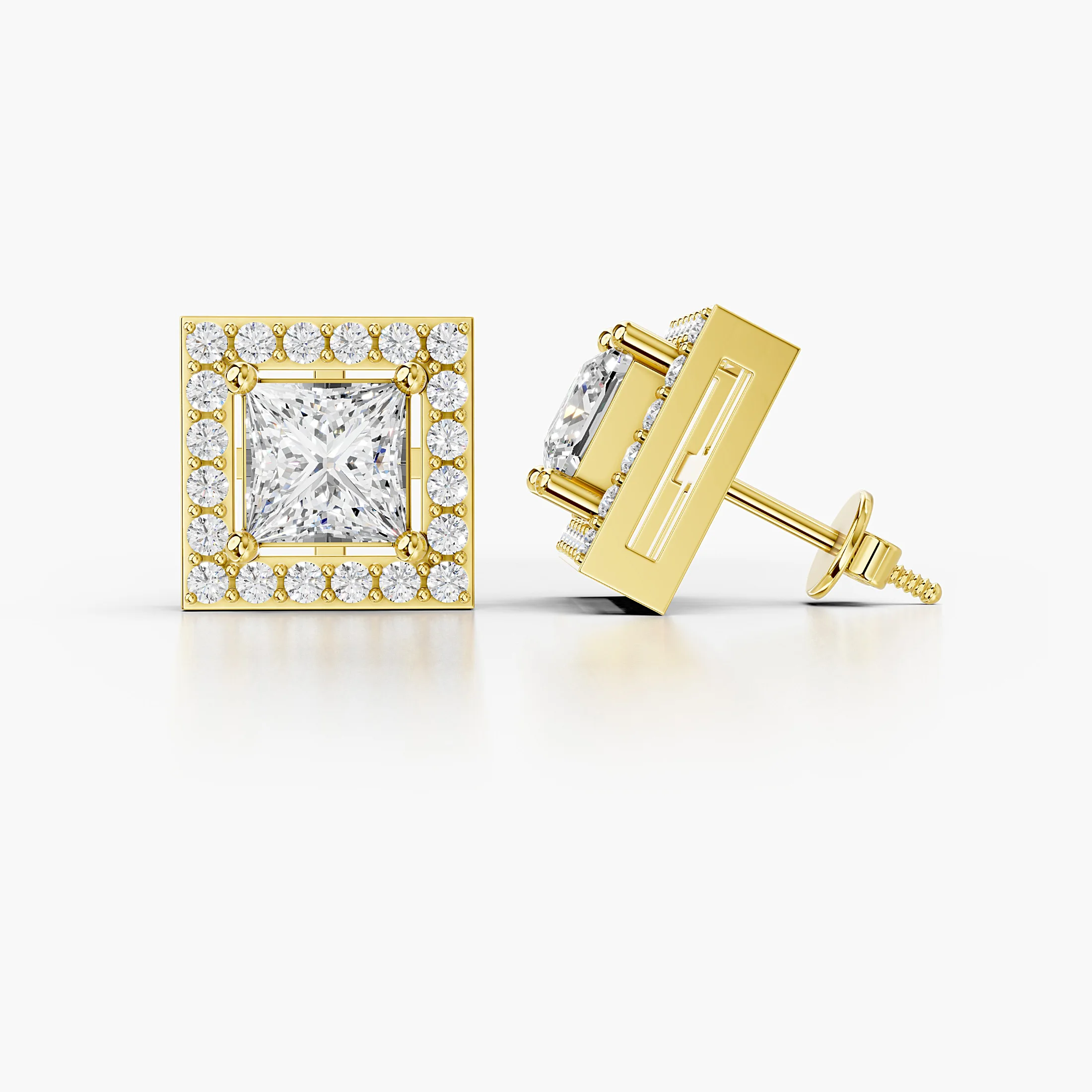 Princess diamond stud earrings with square round diamond halos and screw-back closures