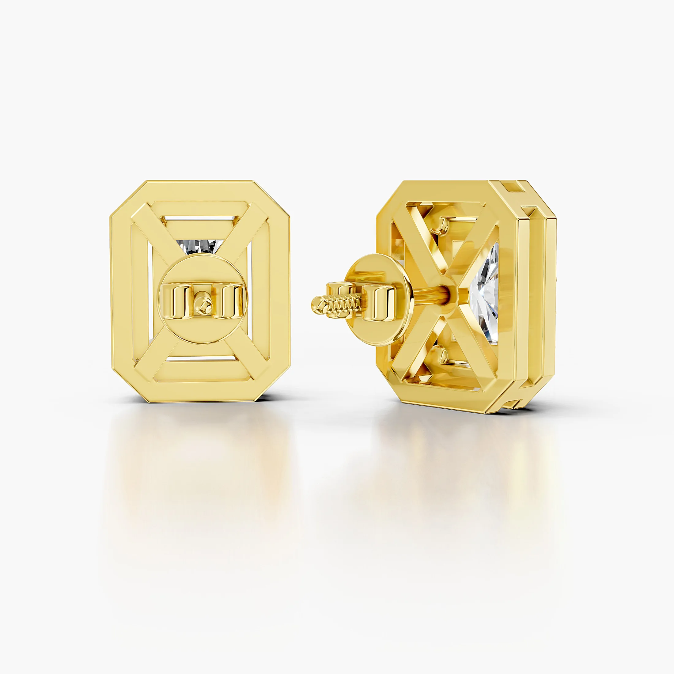 Radiant diamond stud earrings with clipped-corner round diamond halos and screw-back closures