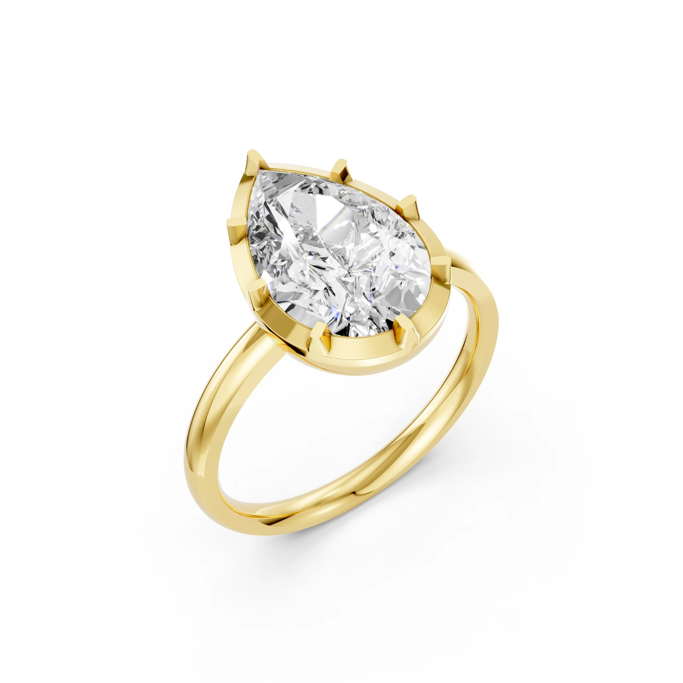 Pear-cut diamond solitaire ring with a sculpted six-prong setting and sweeping band.