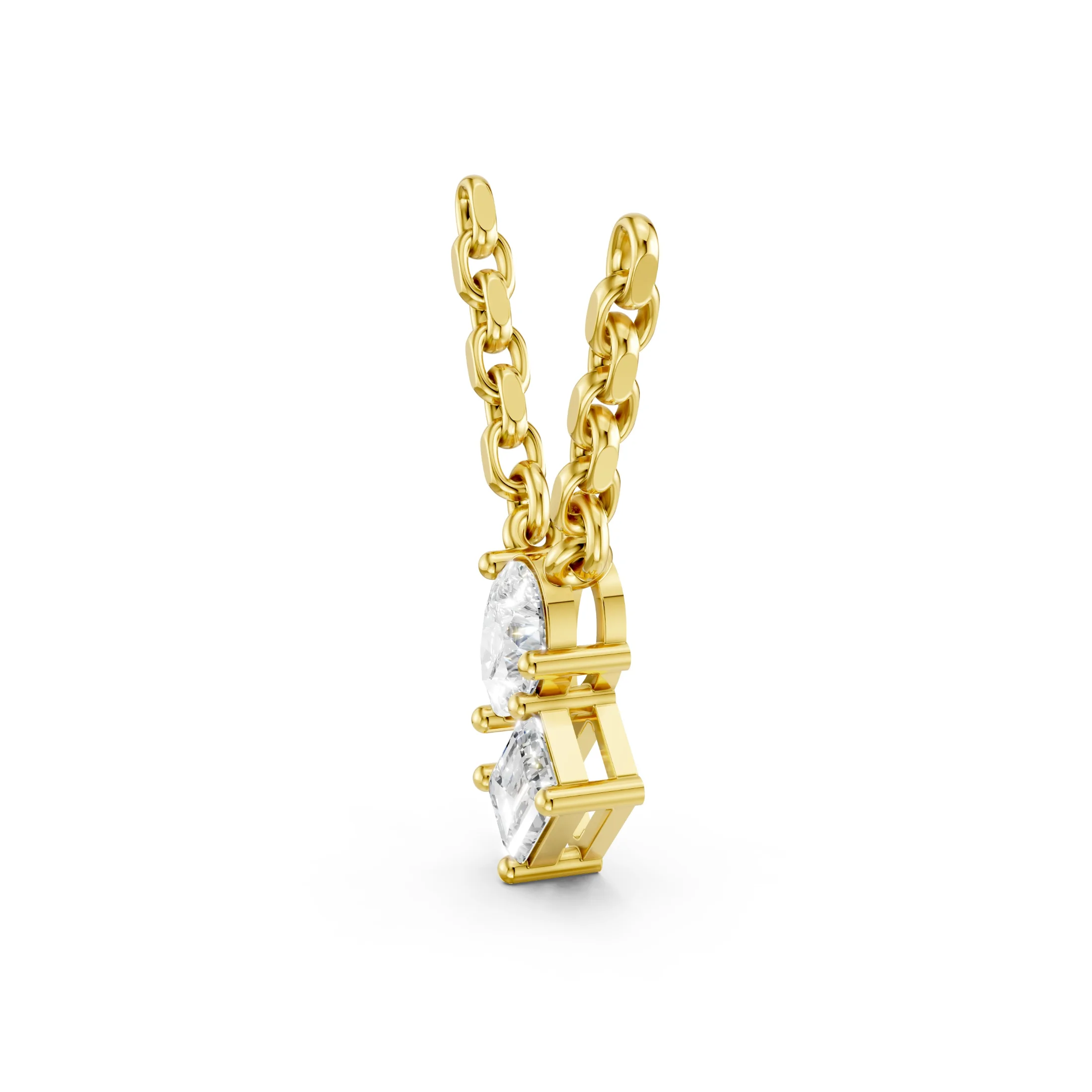Pear and emerald-cut diamond Toi-Et-Moi necklace with a vertical two-stone arrangement and individual prong settings.