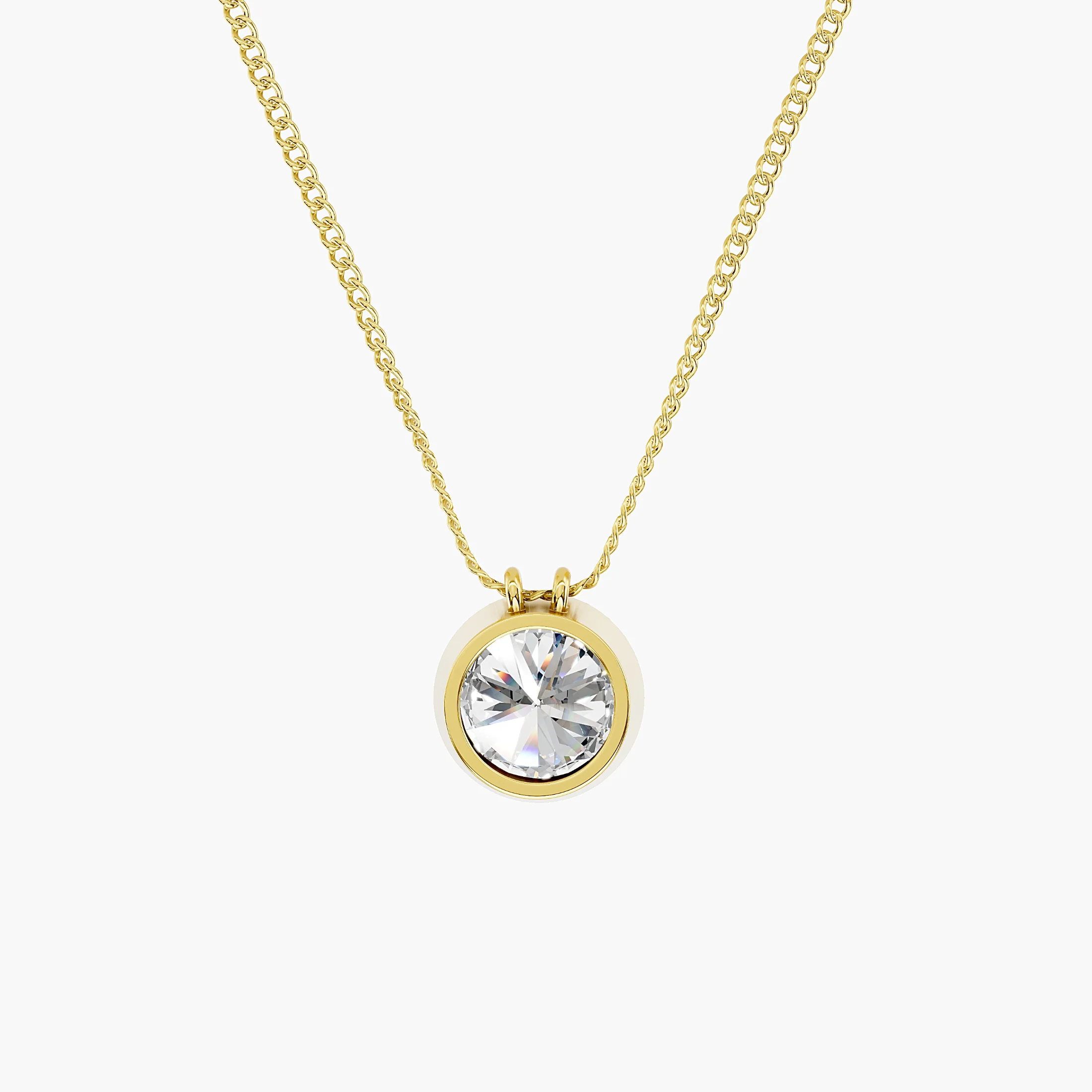 Round solitaire diamond necklace with a polished bezel, beaded milgrain border and twin chain attachments.